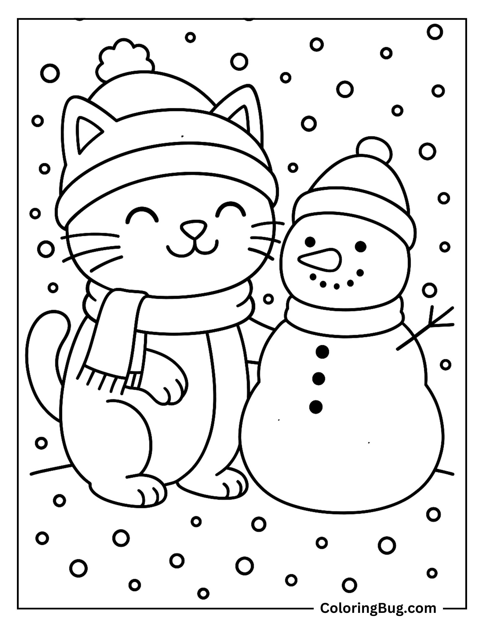 Cat With Snowman During Snowfall Coloring Sheet