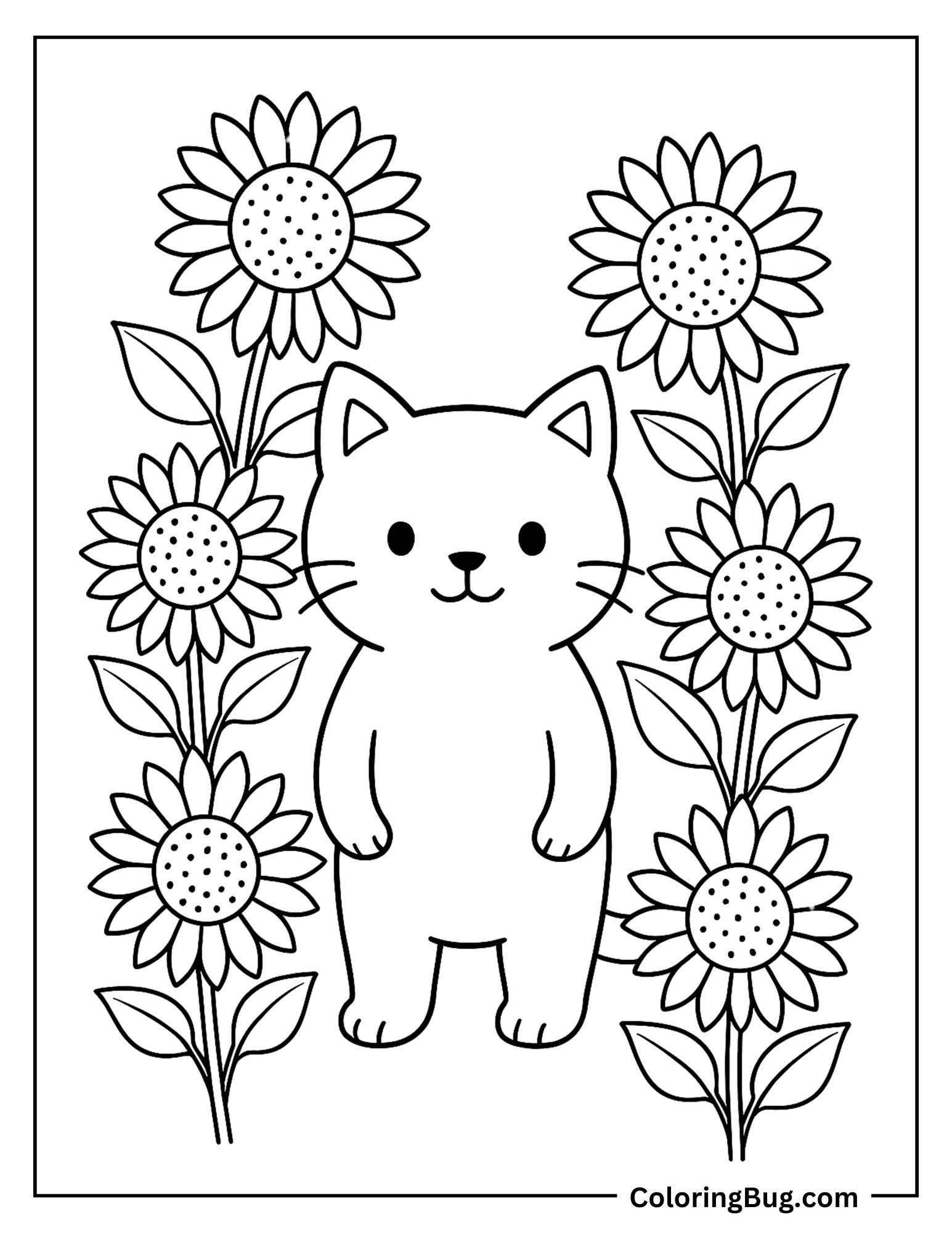 Cat With Sun Flowers Coloring Sheet