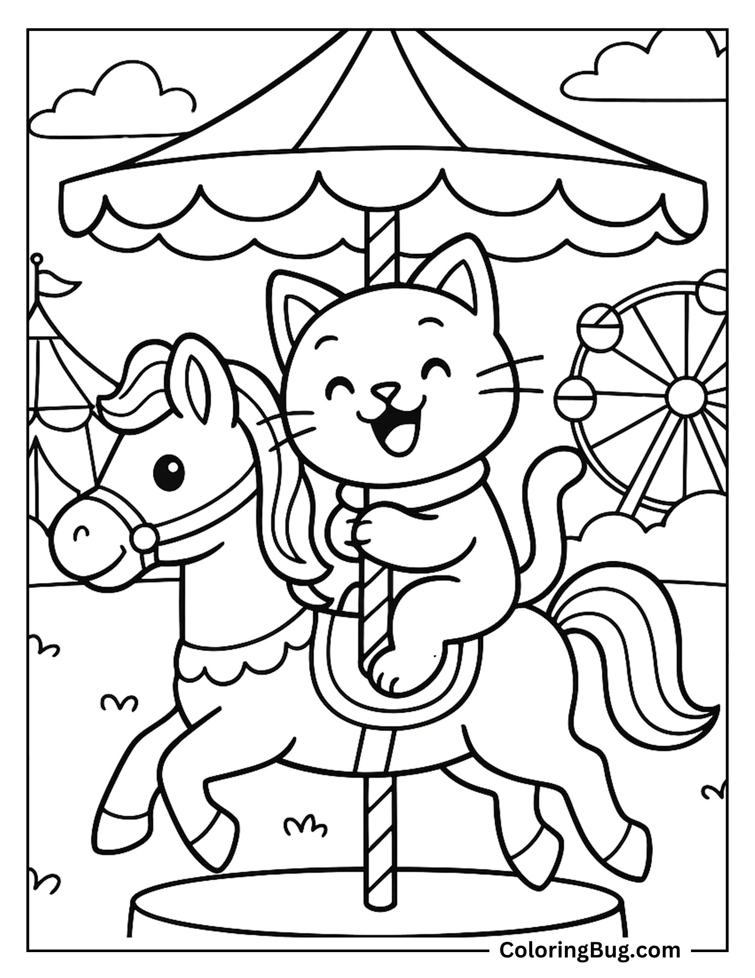 Cat on a Carousel Coloring Sheet