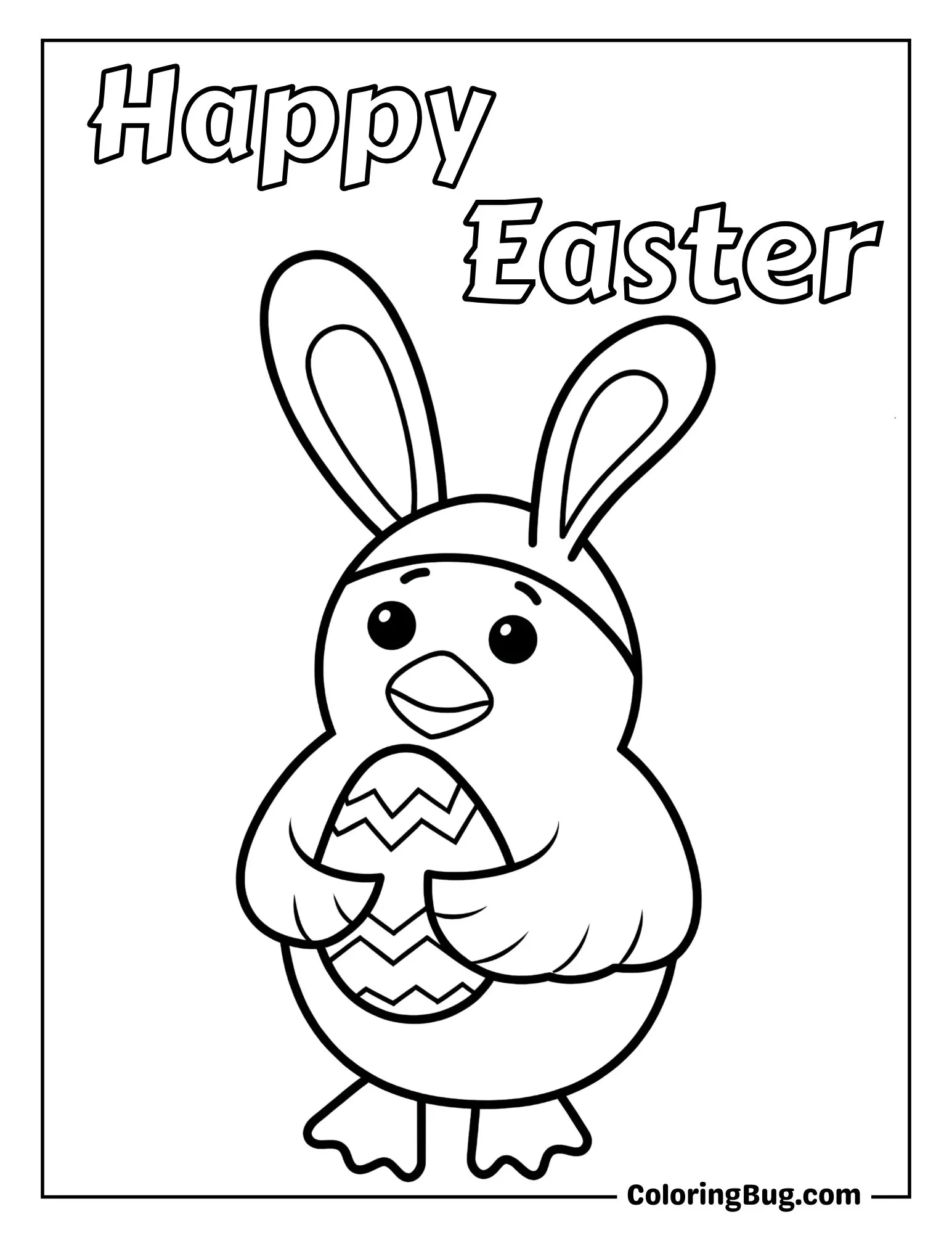 Chick Wearing Bunny Ears and Holding an Egg Coloring Sheet