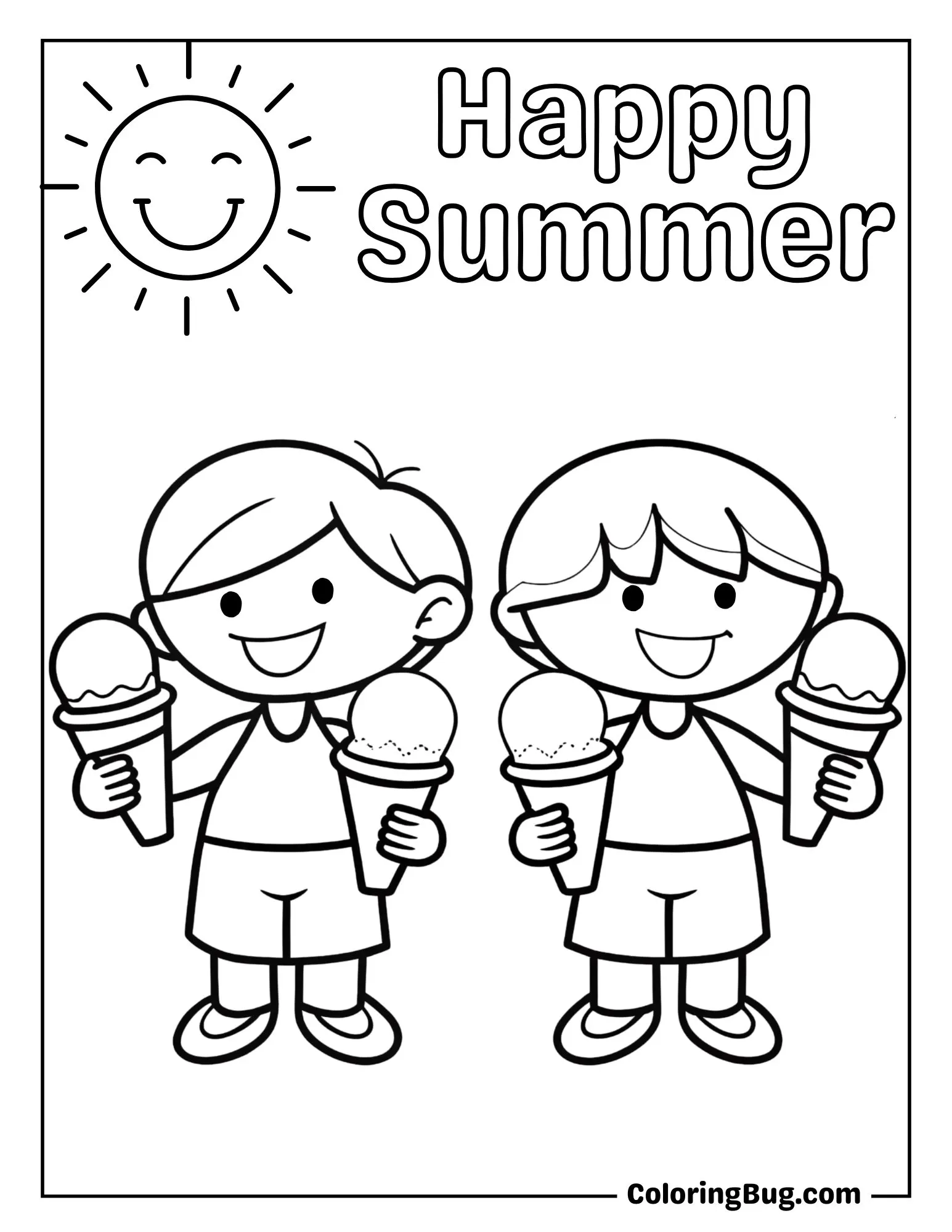 Children Enjoying Ice Cream in Summers Coloring Sheet
