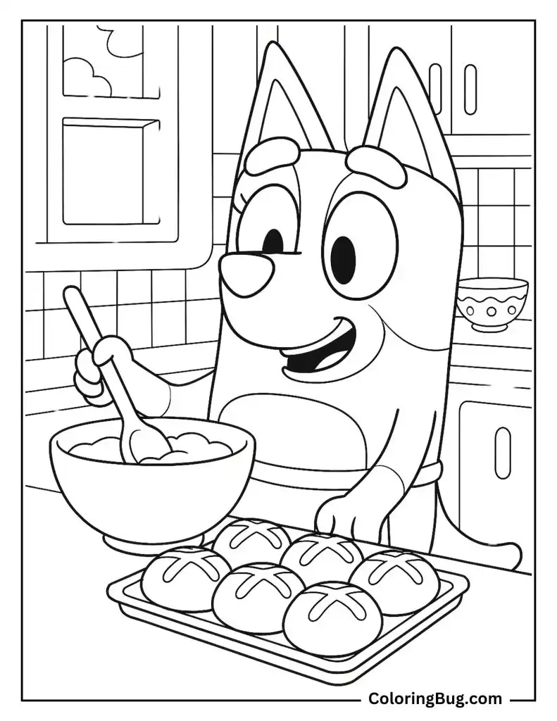 Chilli Making Hot Cross Buns in the kitchen Coloring Page