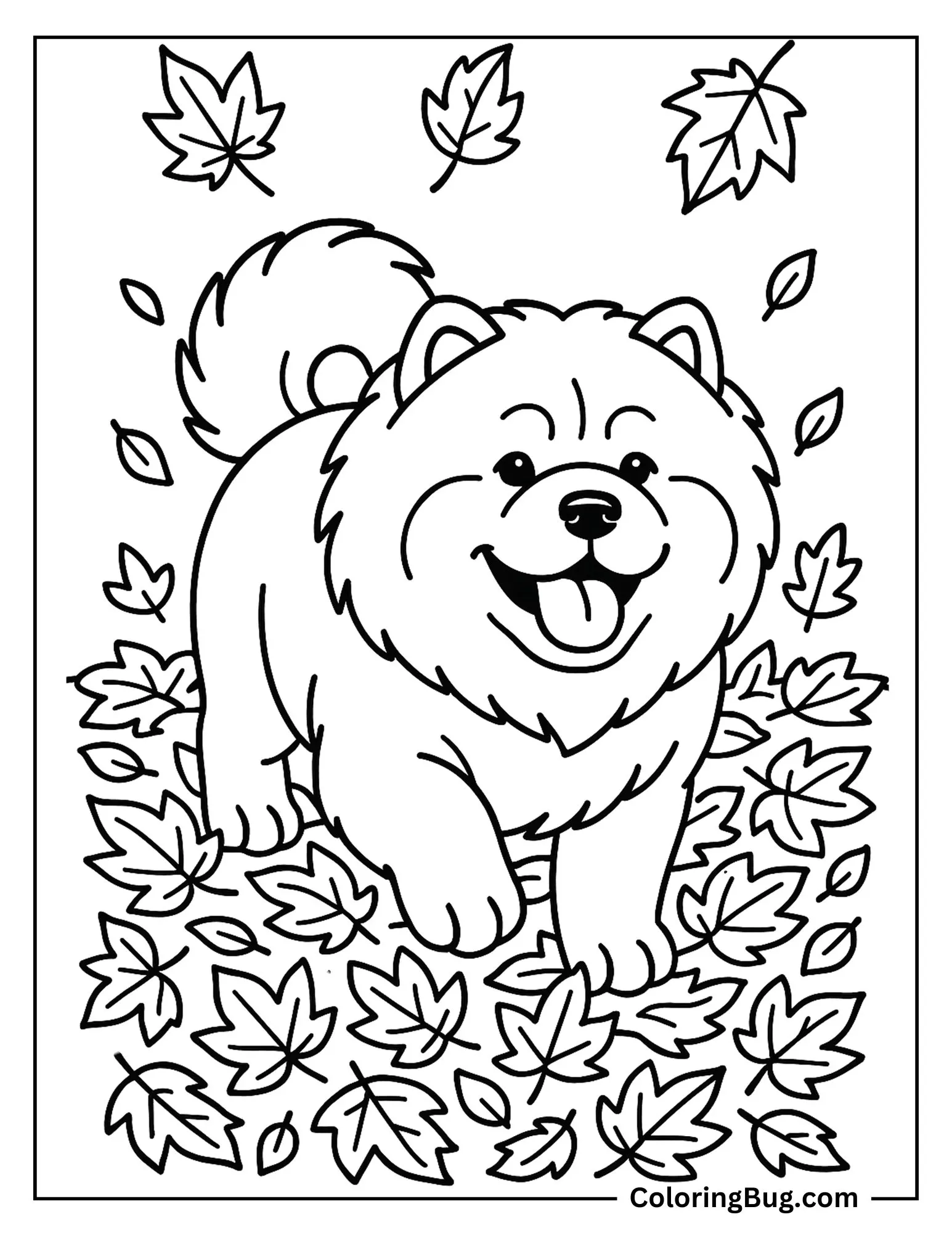 Chow Chow Playing in Autumn Leaves Coloring sheet