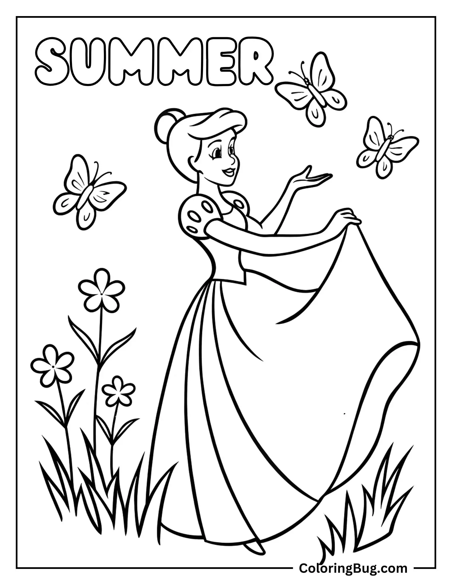 Cinderella Catching Butterflies in Meadow During Summer Coloring sheet