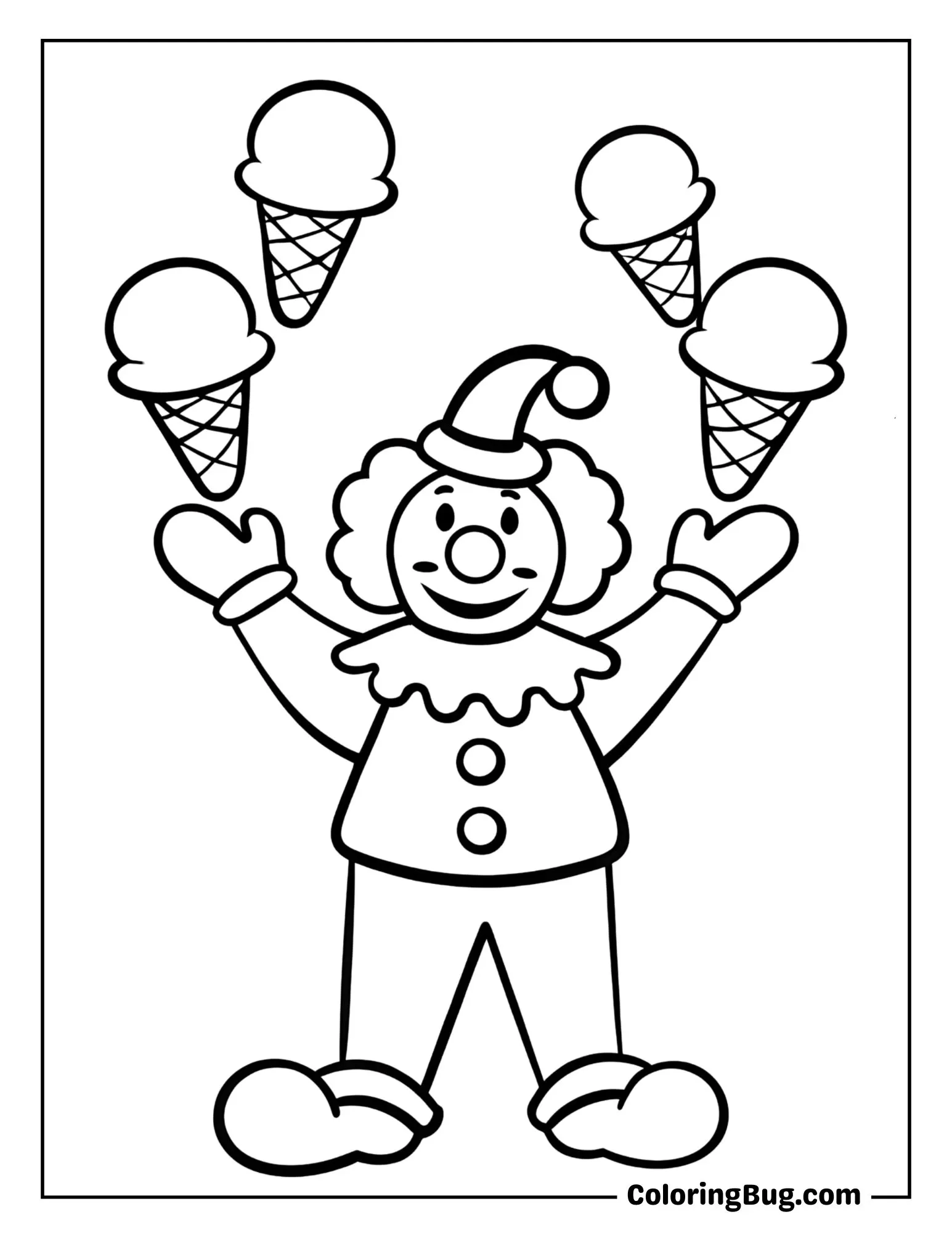 Clown Juggling Ice Cream Cones in Summer Fair Coloring Sheet