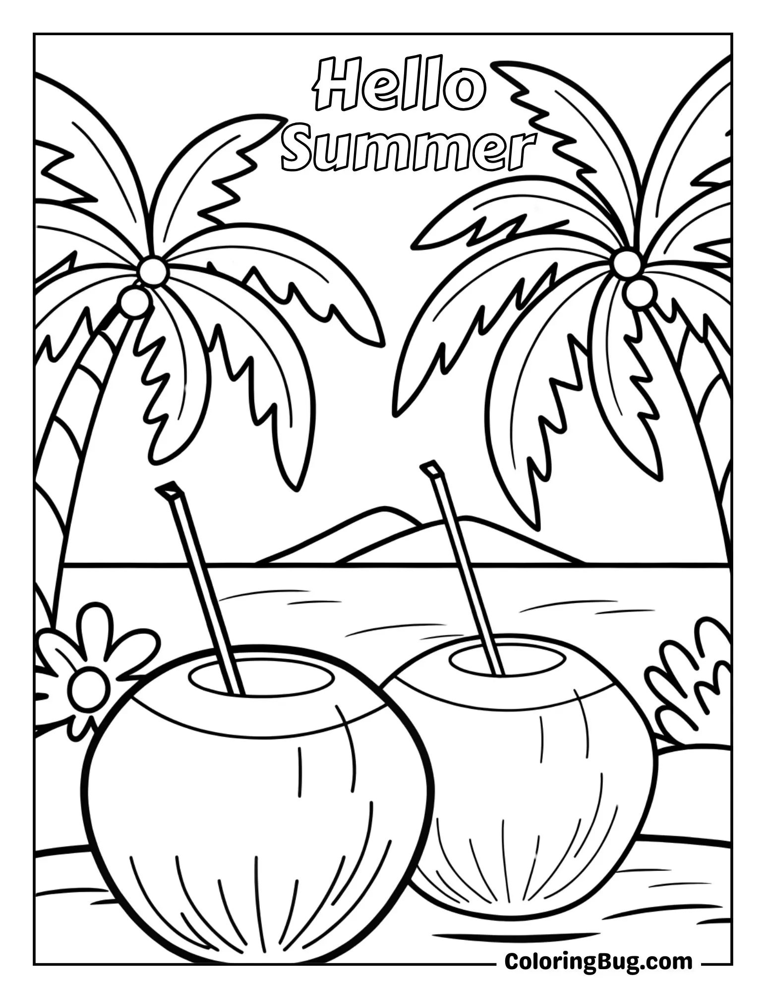 Coconuts with Straws on Beach Coloring Sheet