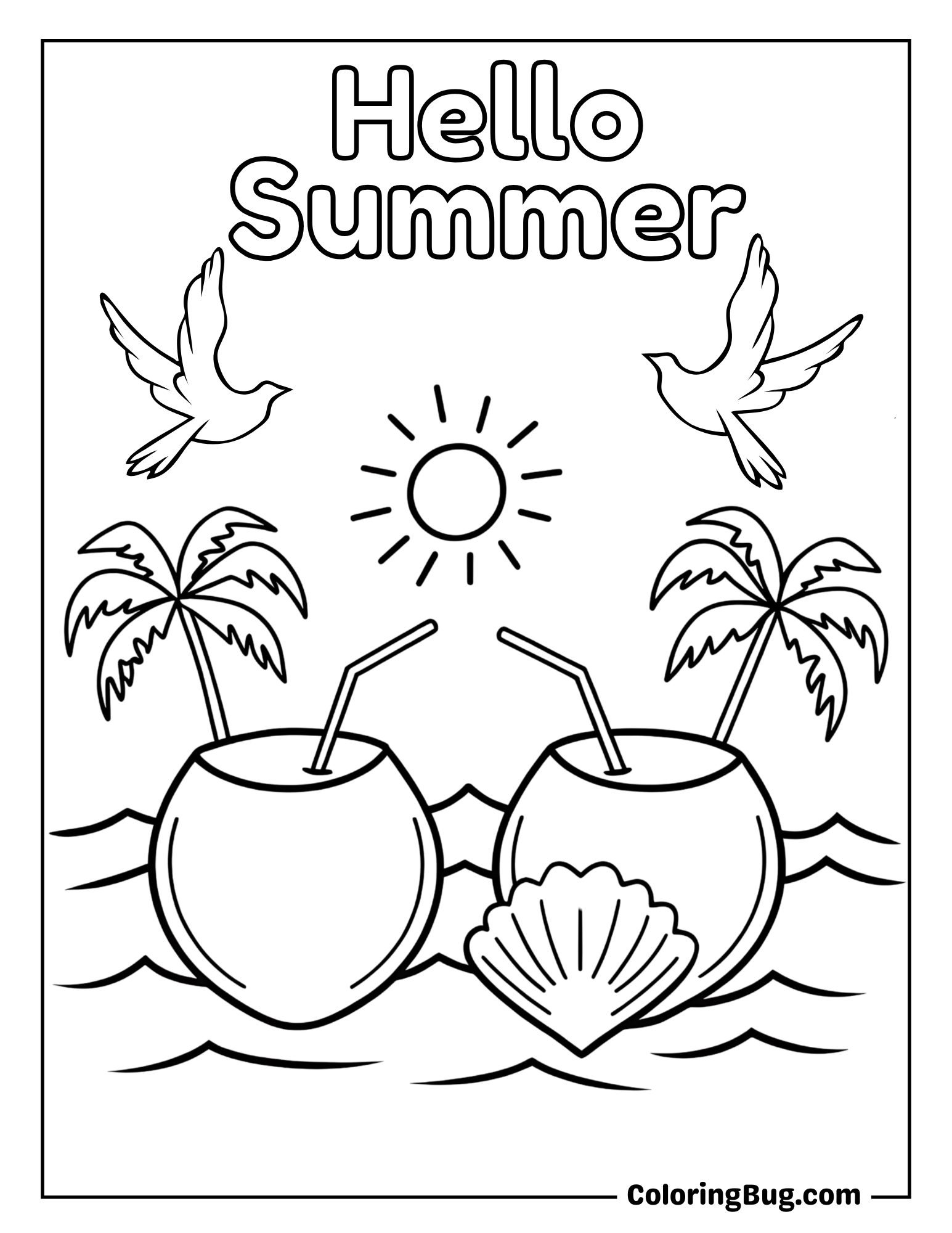 Coconuts with Straws on Beach Coloring Sheet