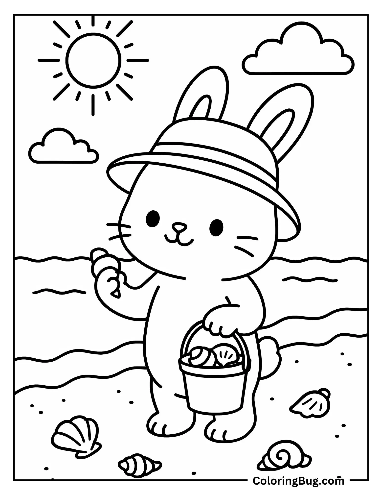 Cute Bunny Collecting Sea Shells in Bucket Coloring Sheet