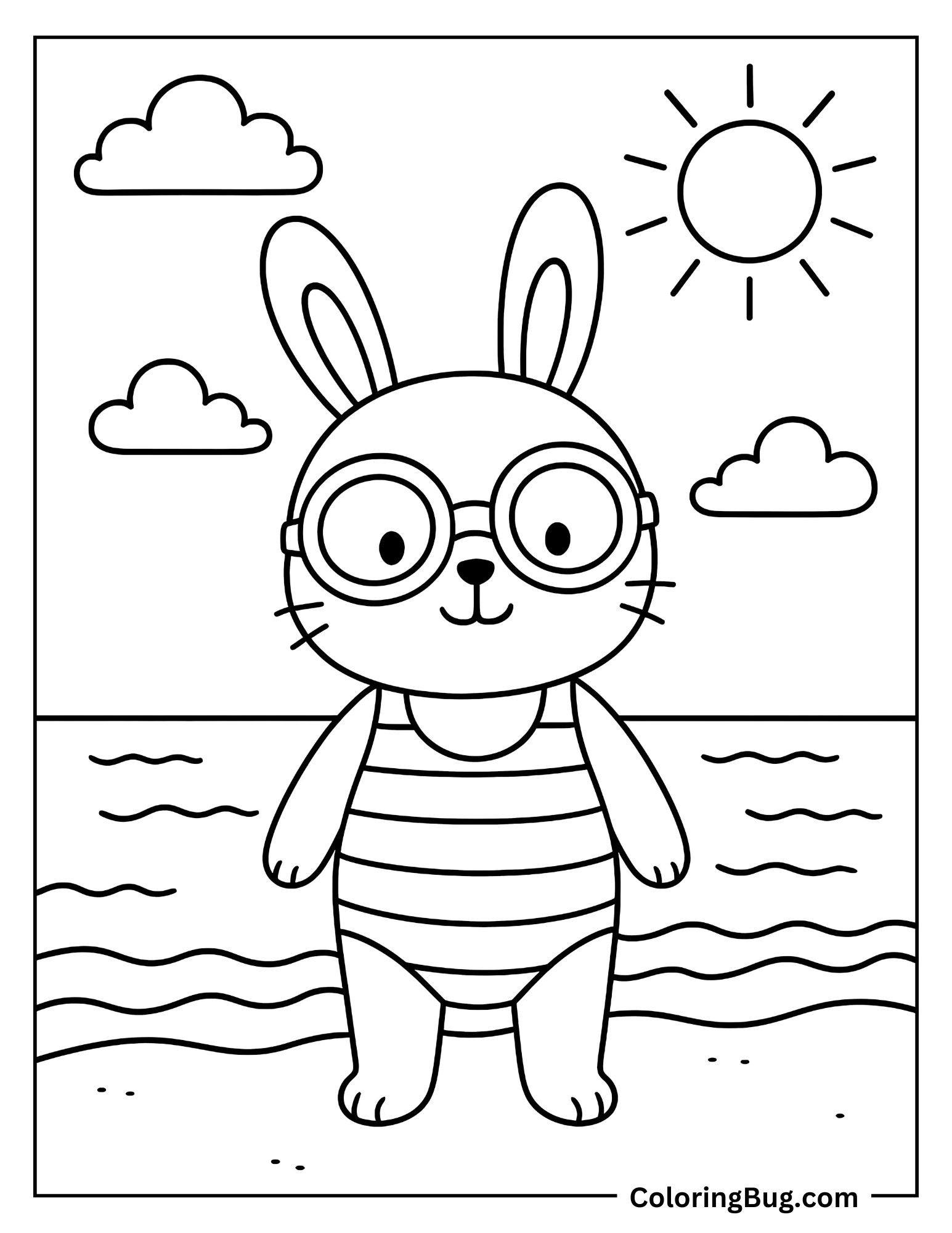 Cute Bunny Wearing Googles And Swim Suit  During Summer Coloring Sheet