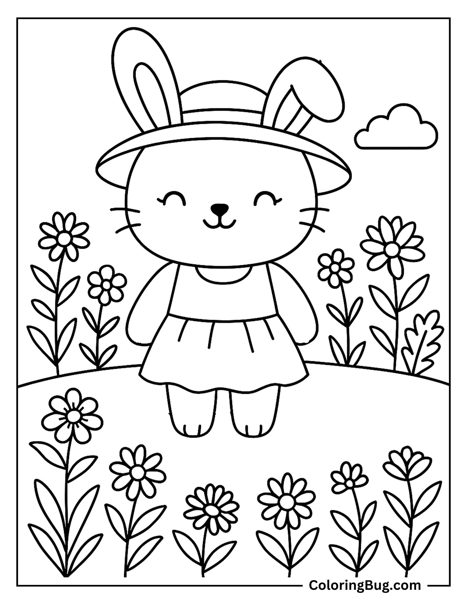 Cute Bunny With Summer Flowers Coloring Sheet