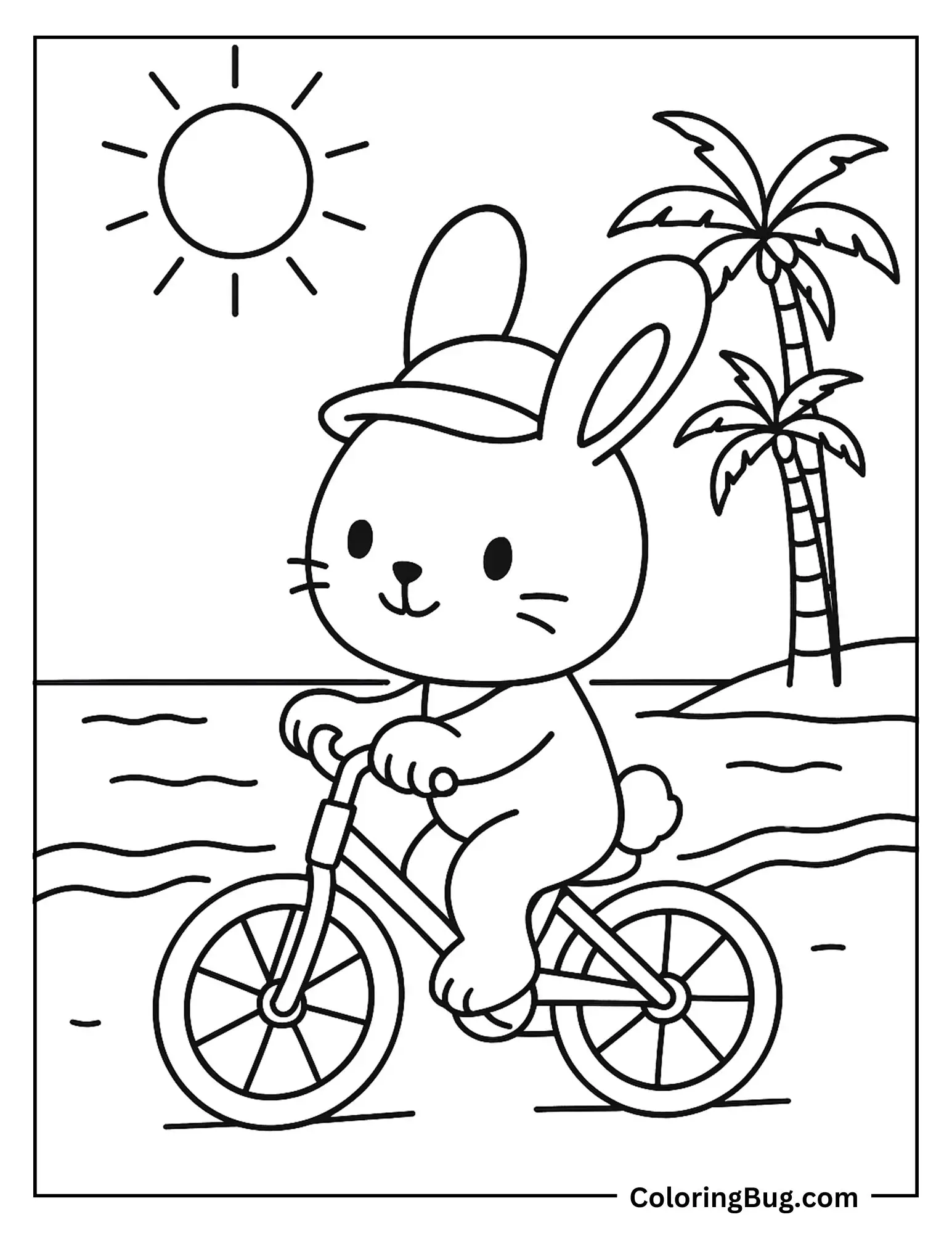 Cute Bunny ridding Cycle Through Beach Coloring Sheet