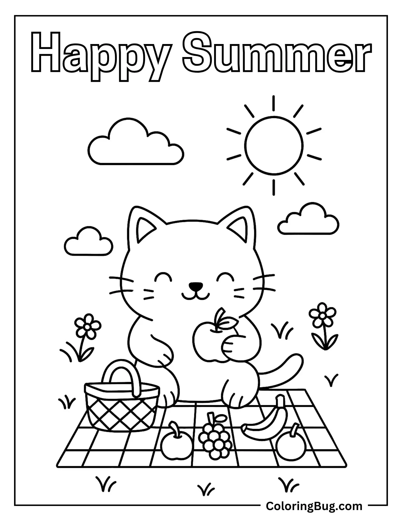 Cute Cat Having Fruit Picnic Coloring Sheet