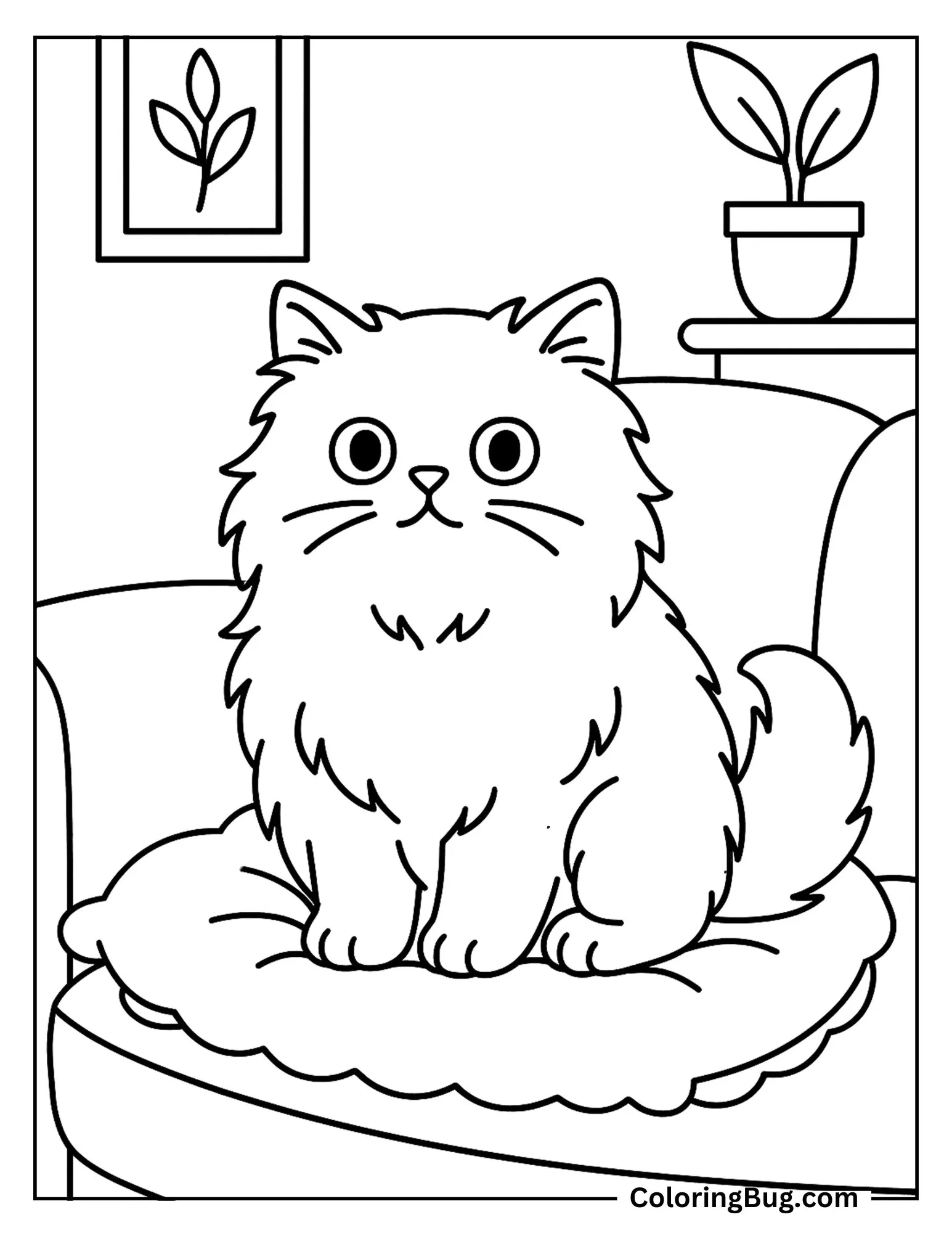 Cute Cat Sitting on Pillow Coloring Sheet