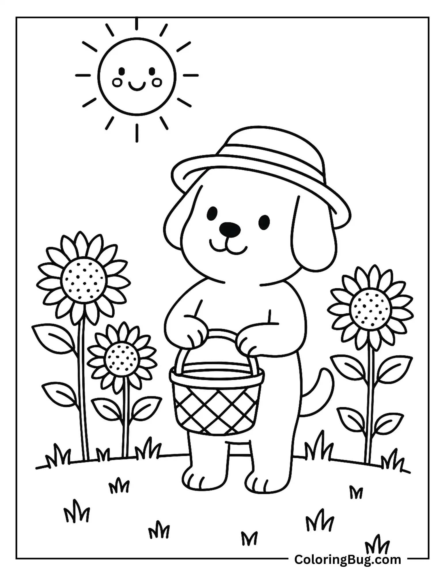 Cute Dog in Sun Flower Meadow Under Summer Sun Coloring Sheet