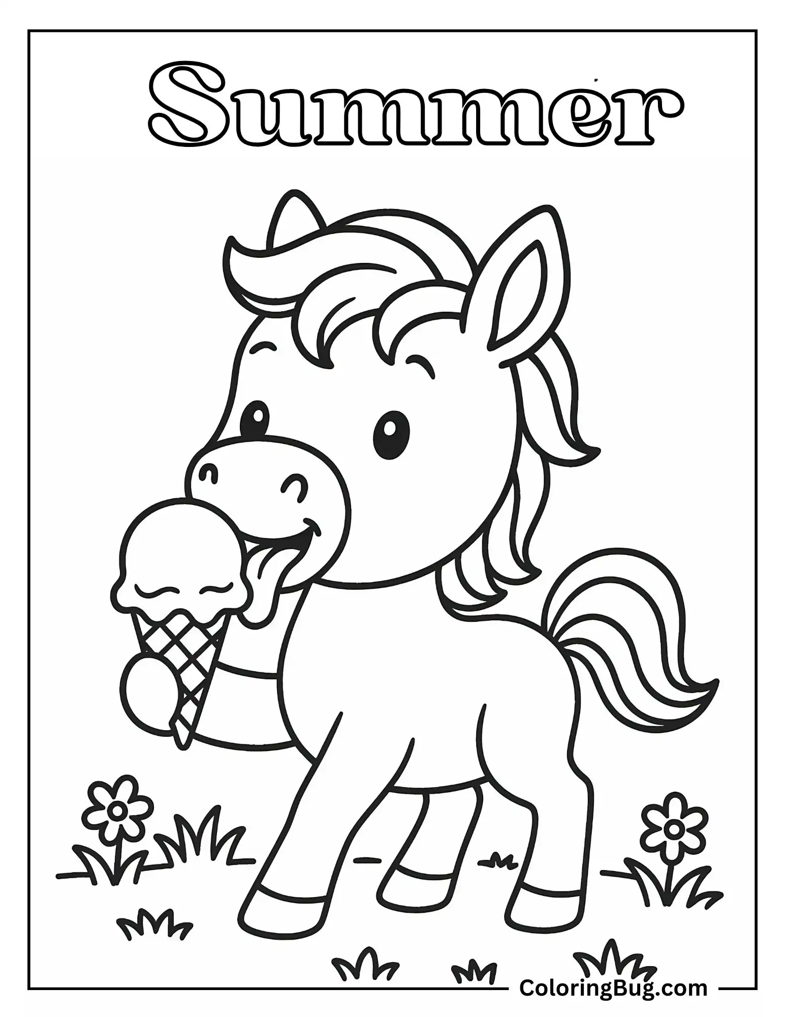 Cute Horse Licking Ice Cream Coloring sheet