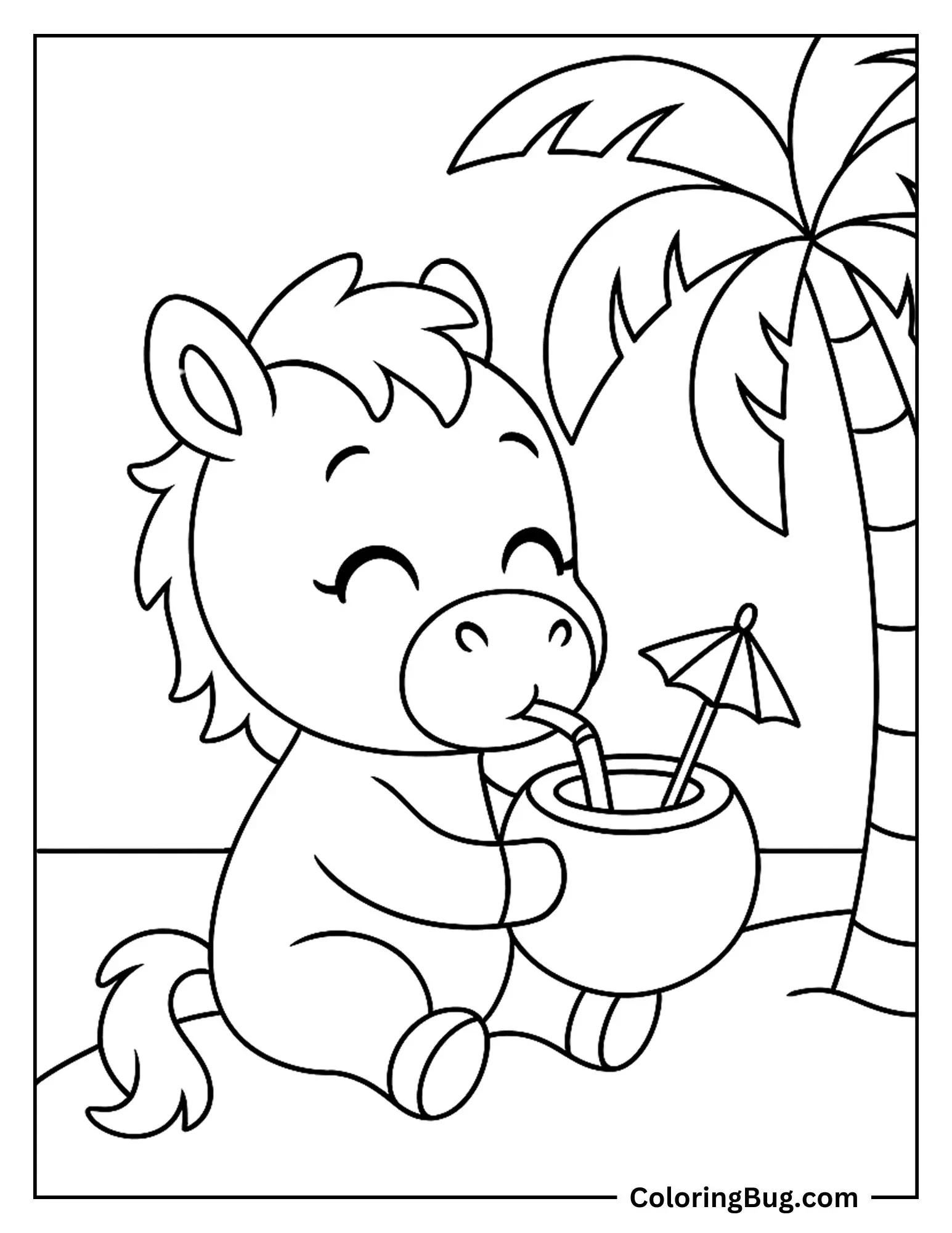 Cute Horse Sipping Coconut Drink Coloring sheet