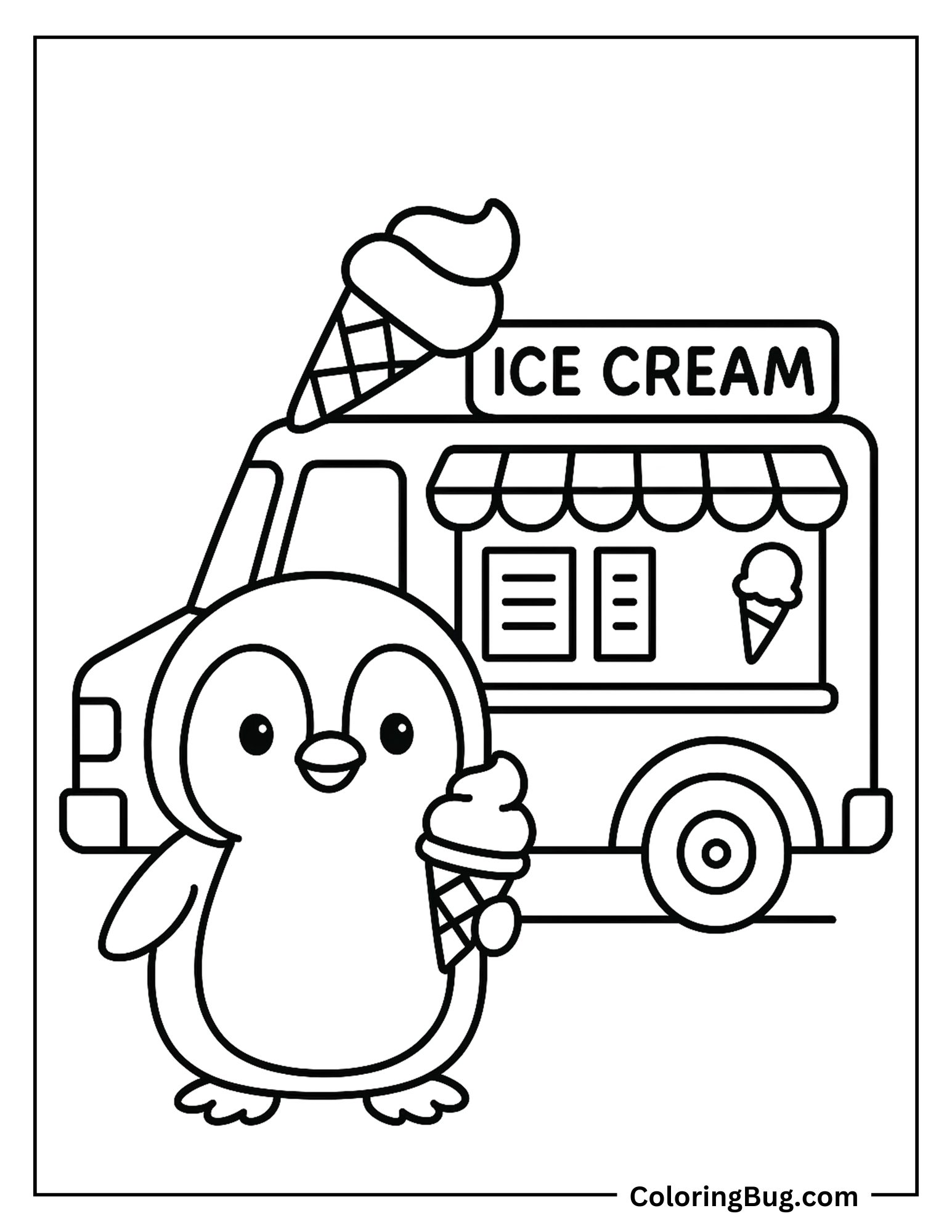 Cute Penguin Holding Ice Cream Coloring Sheet