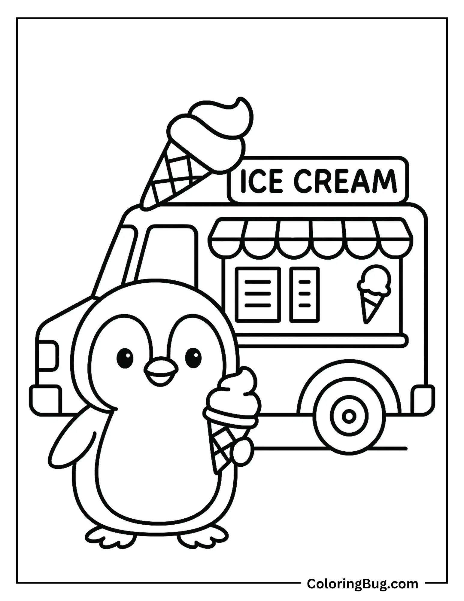 Cute Penguin Holding Ice Cream Coloring Sheet