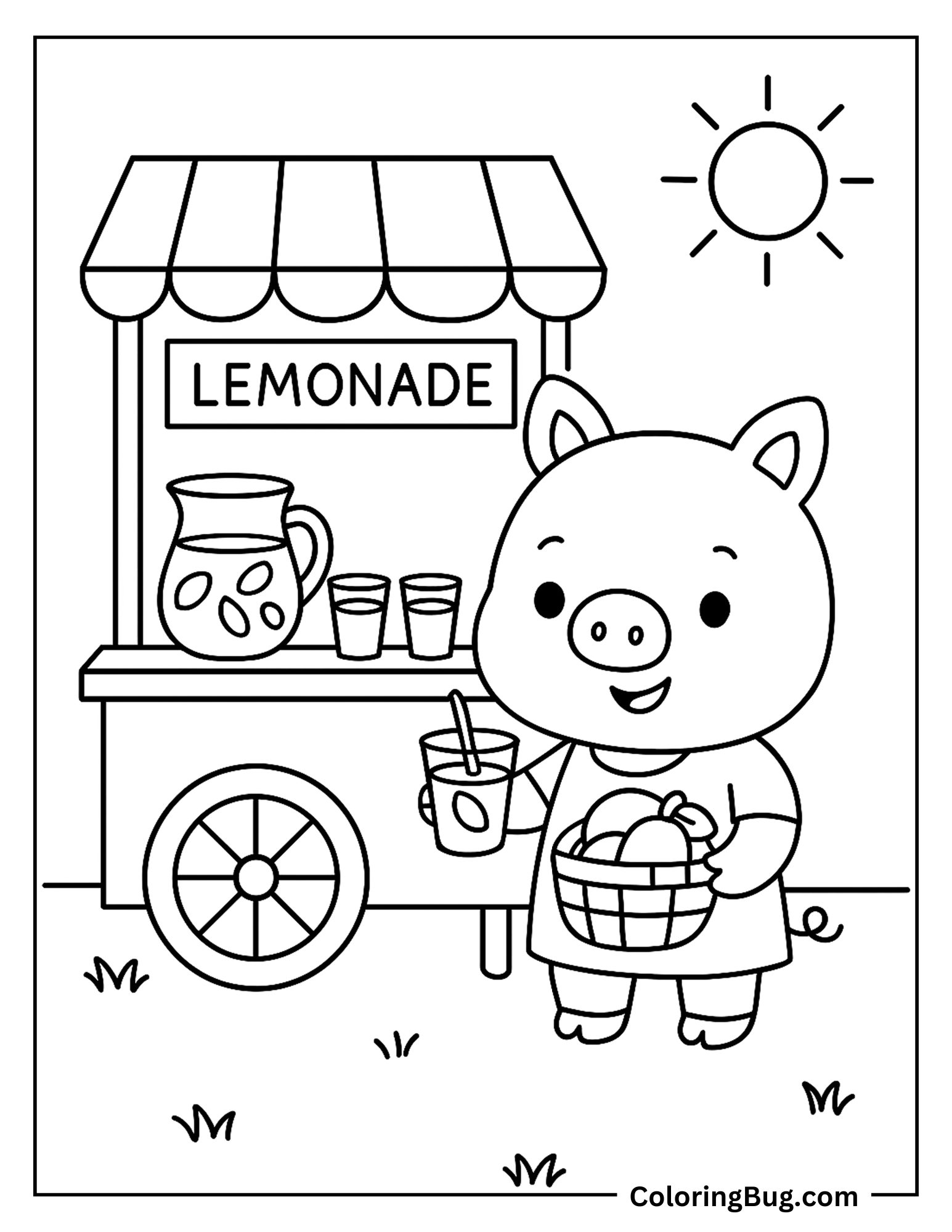 Cute Pig Selling Lemonade During Summer Coloring Sheet