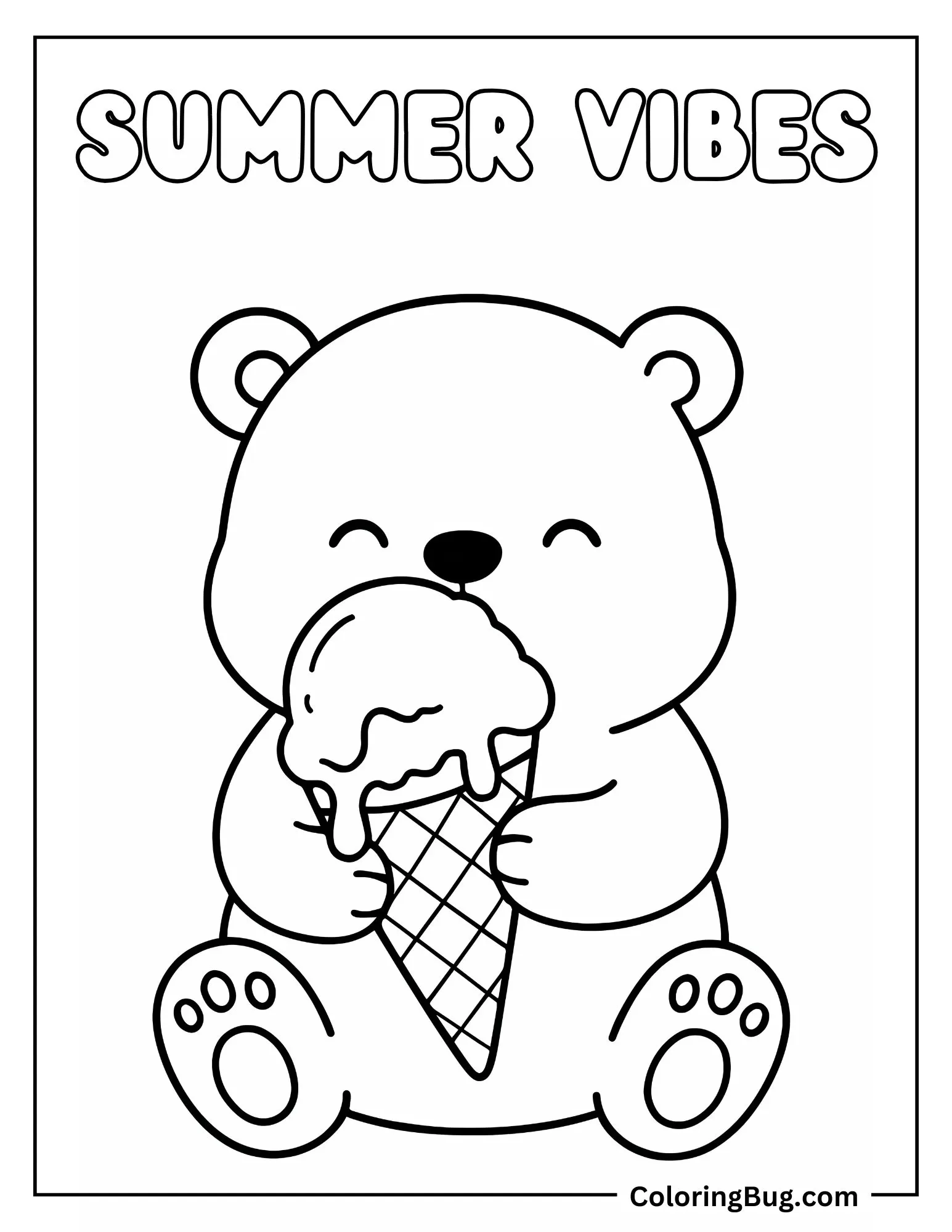 Cute Polar Bear Licking Ice Cream Coloring Sheet