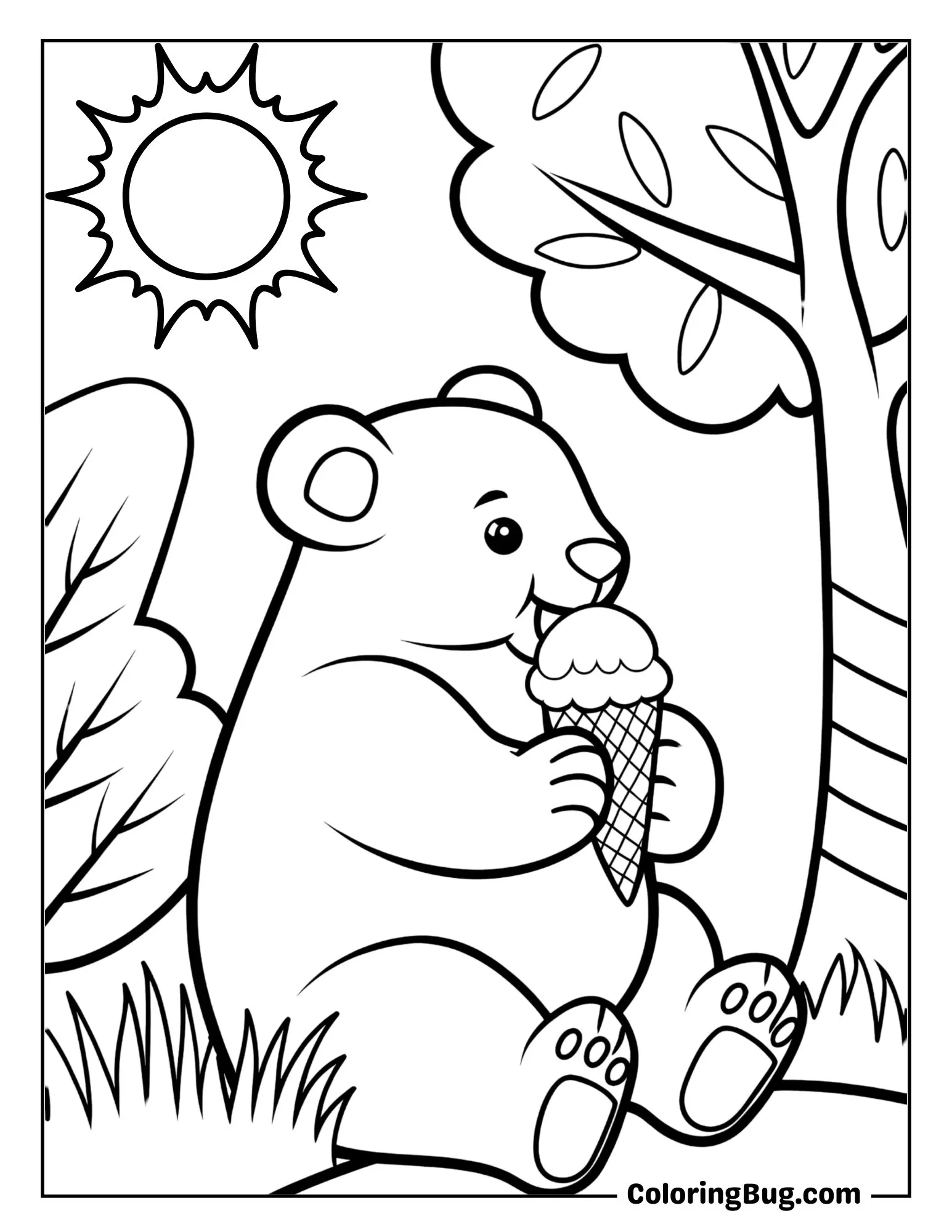 Cute Polar Bear Licking Ice Cream and Enjoying Summers Coloring Sheet