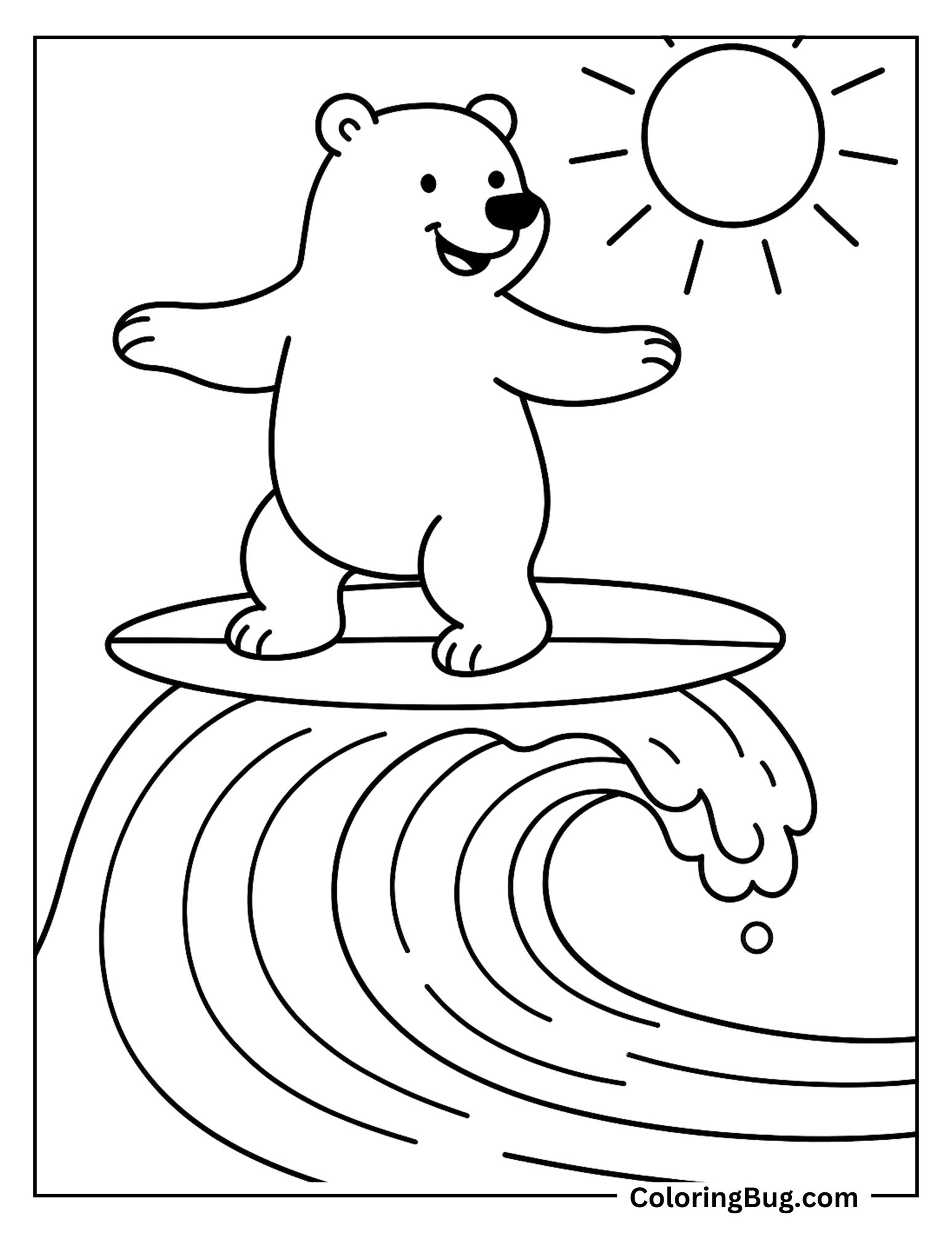 Cute Polar Bear Surfing During Summer Coloring Sheet