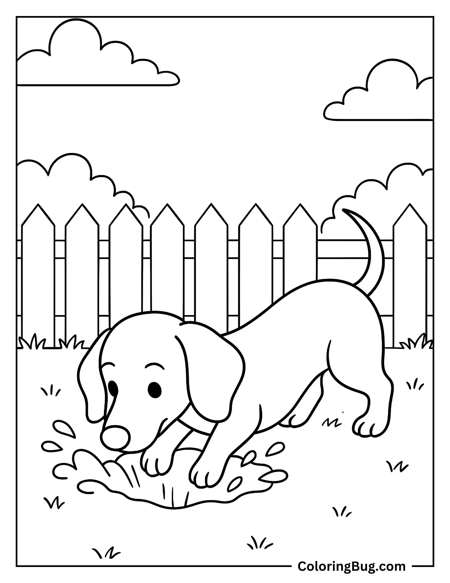 Dachshund Digging a Hole in the Backyard Coloring sheet