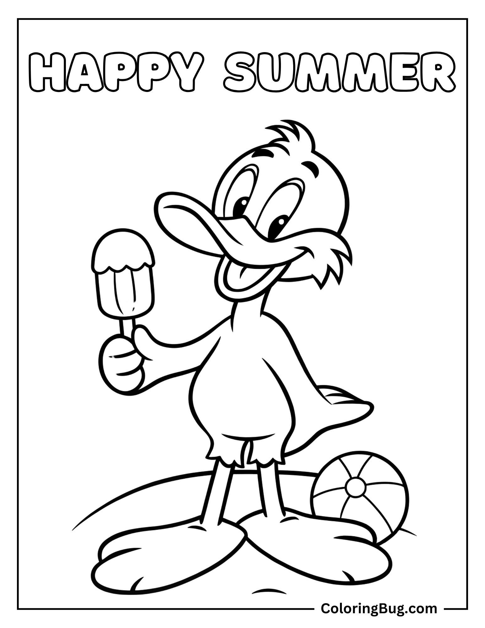 Daffy Duck Holding Popsicle During Hot Summer Day Coloring Sheet