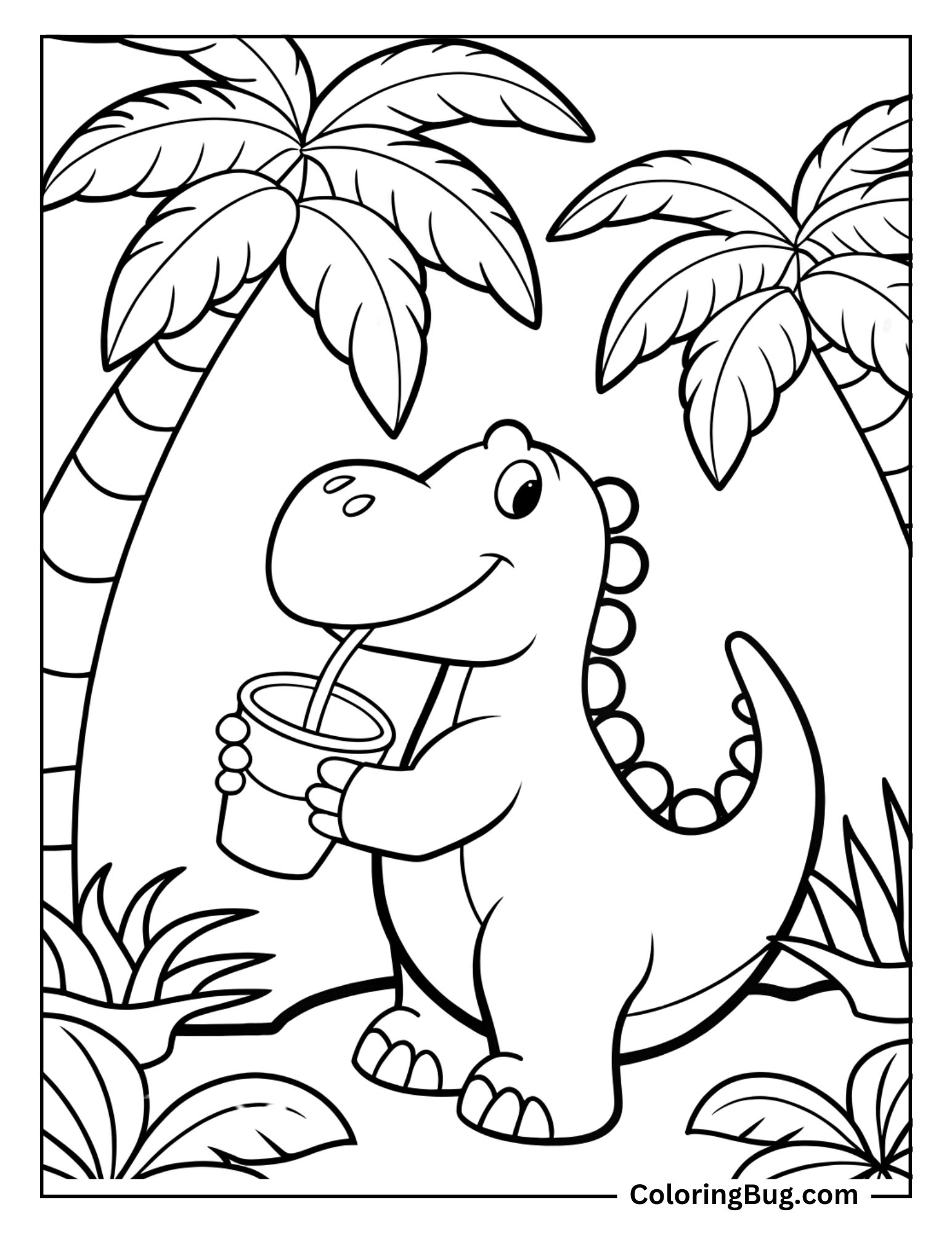 Dinosaur Enjoying his Tropical Juice Under the Palm Trees Coloring sheet