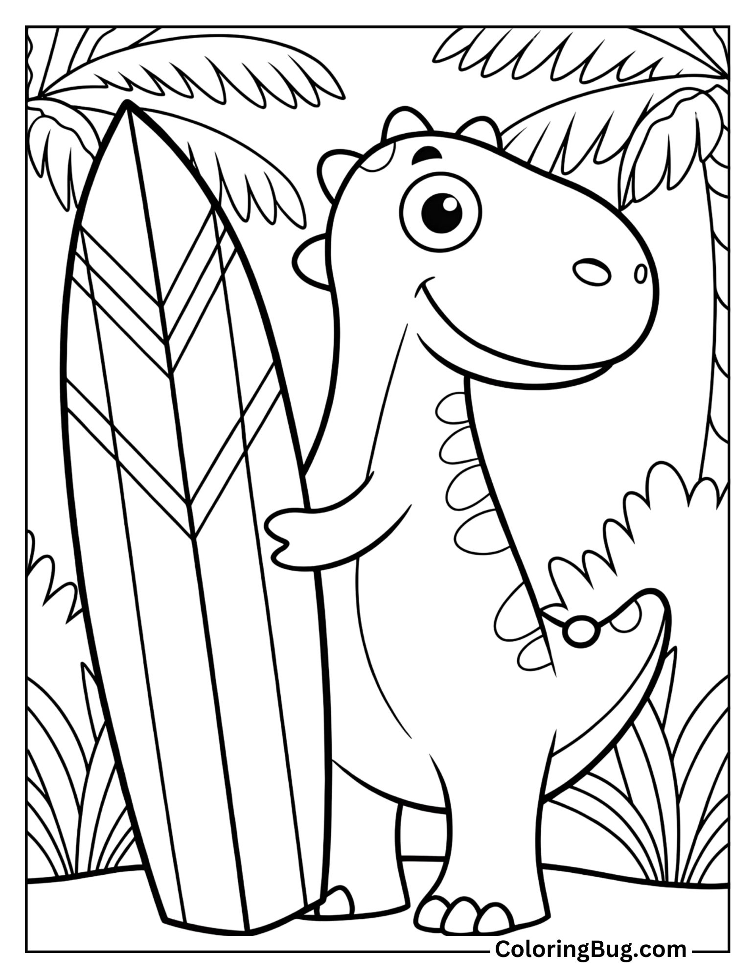 Dinosaur Holding a Surfer Board on Beach Coloring sheet
