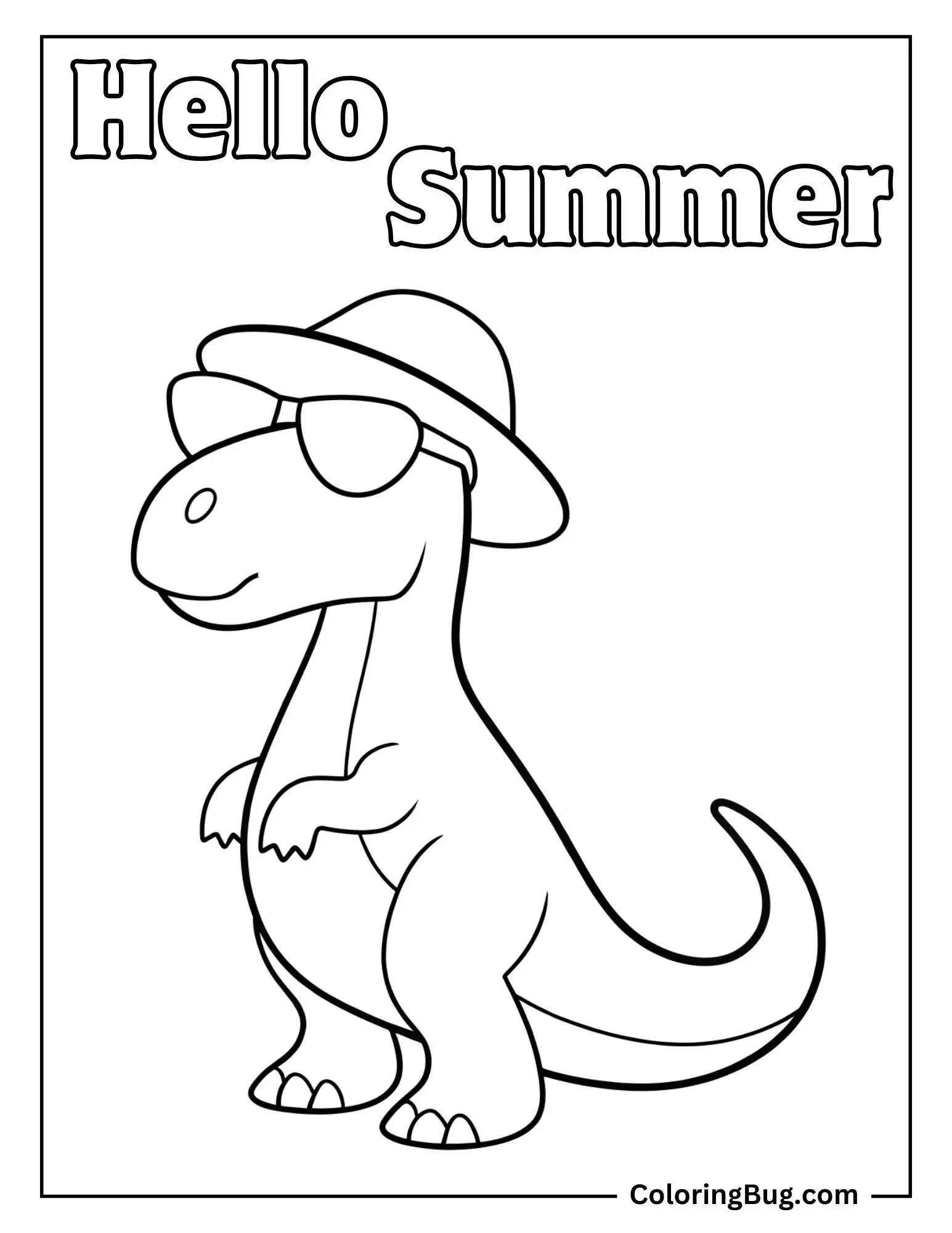 Dinosaur Wearing Summer Hat and Sunglasses Coloring sheet