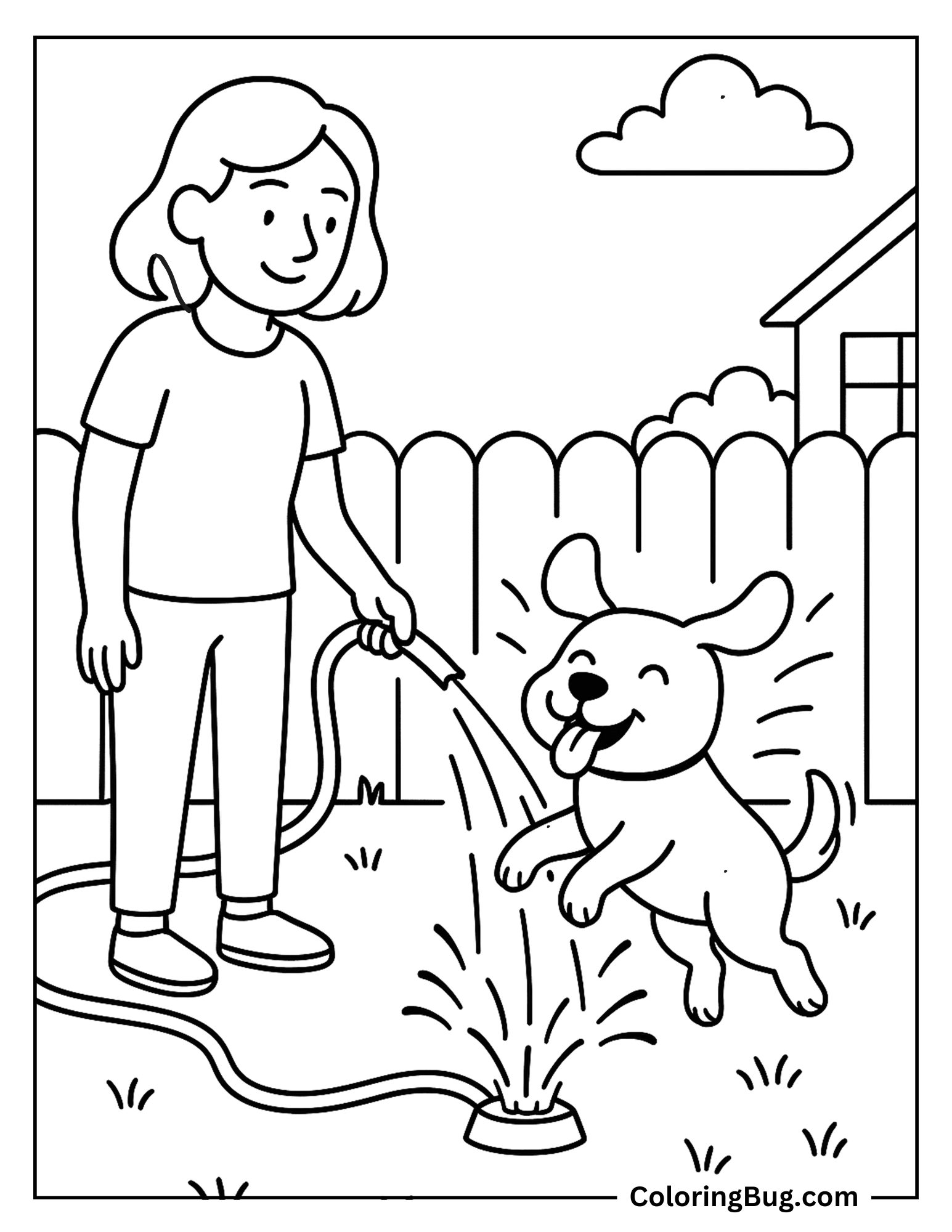 Dog Being Showered By Owner Coloring Sheet