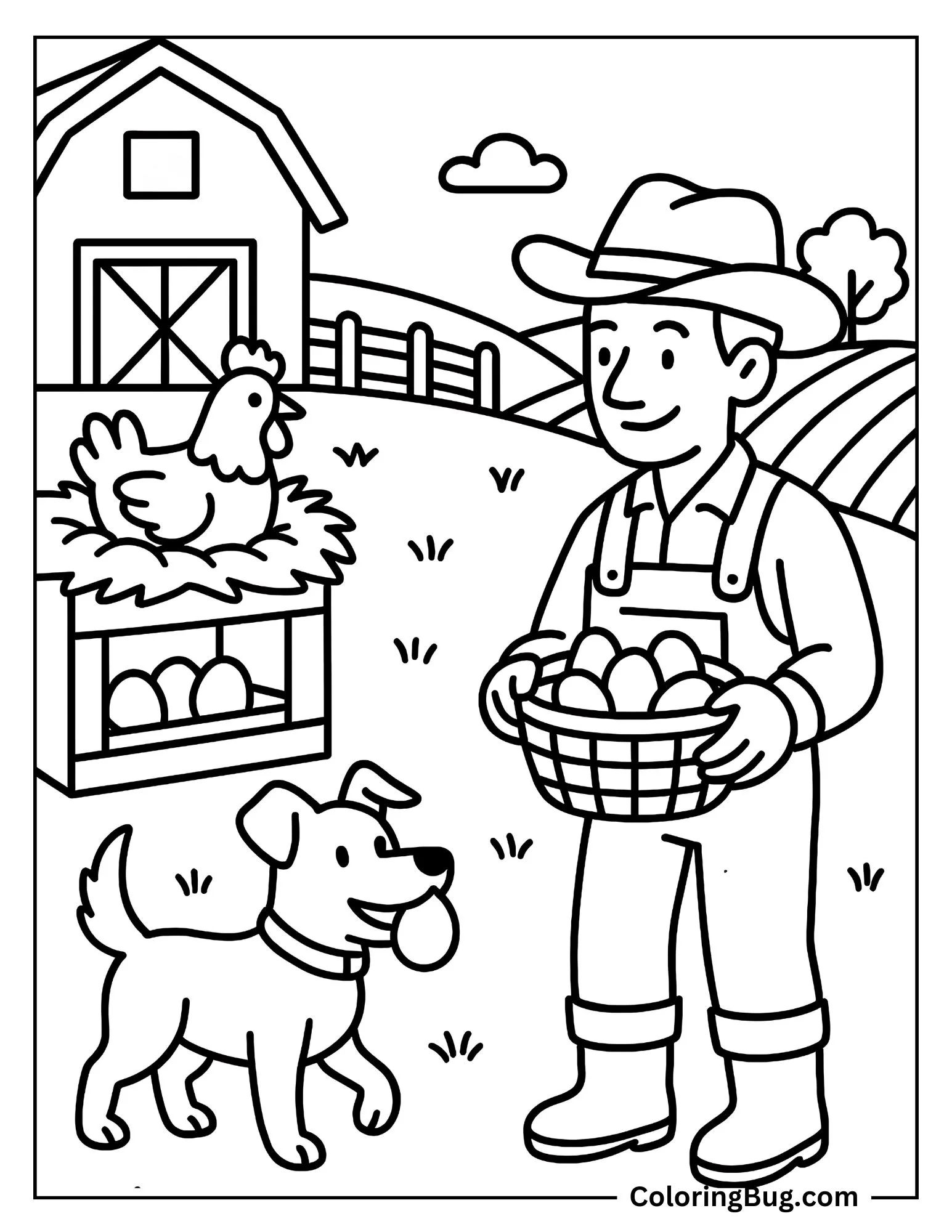 Dog Helping Farmer To Collect Eggs Coloring sheet