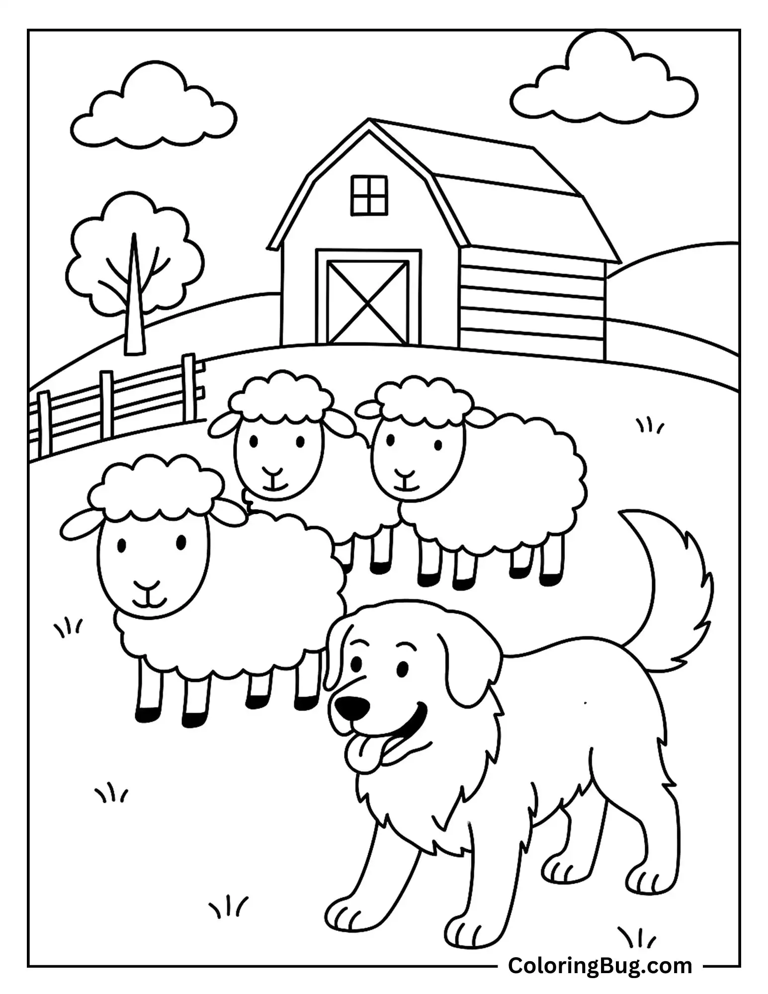 Dog Herding Sheep on a Farm Coloring sheet