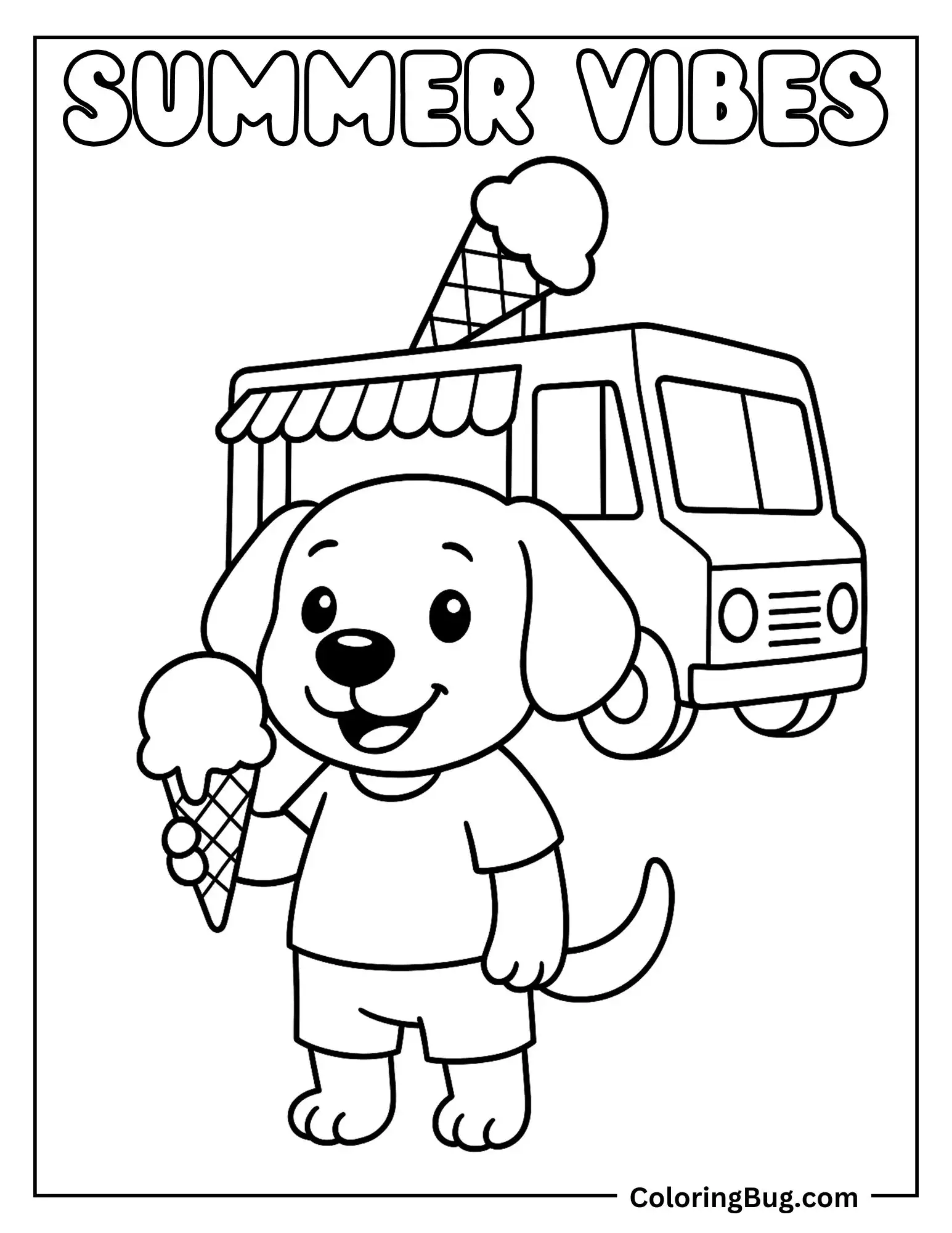 Dog Holding Melting Ice Cream Cone Coloring Sheet