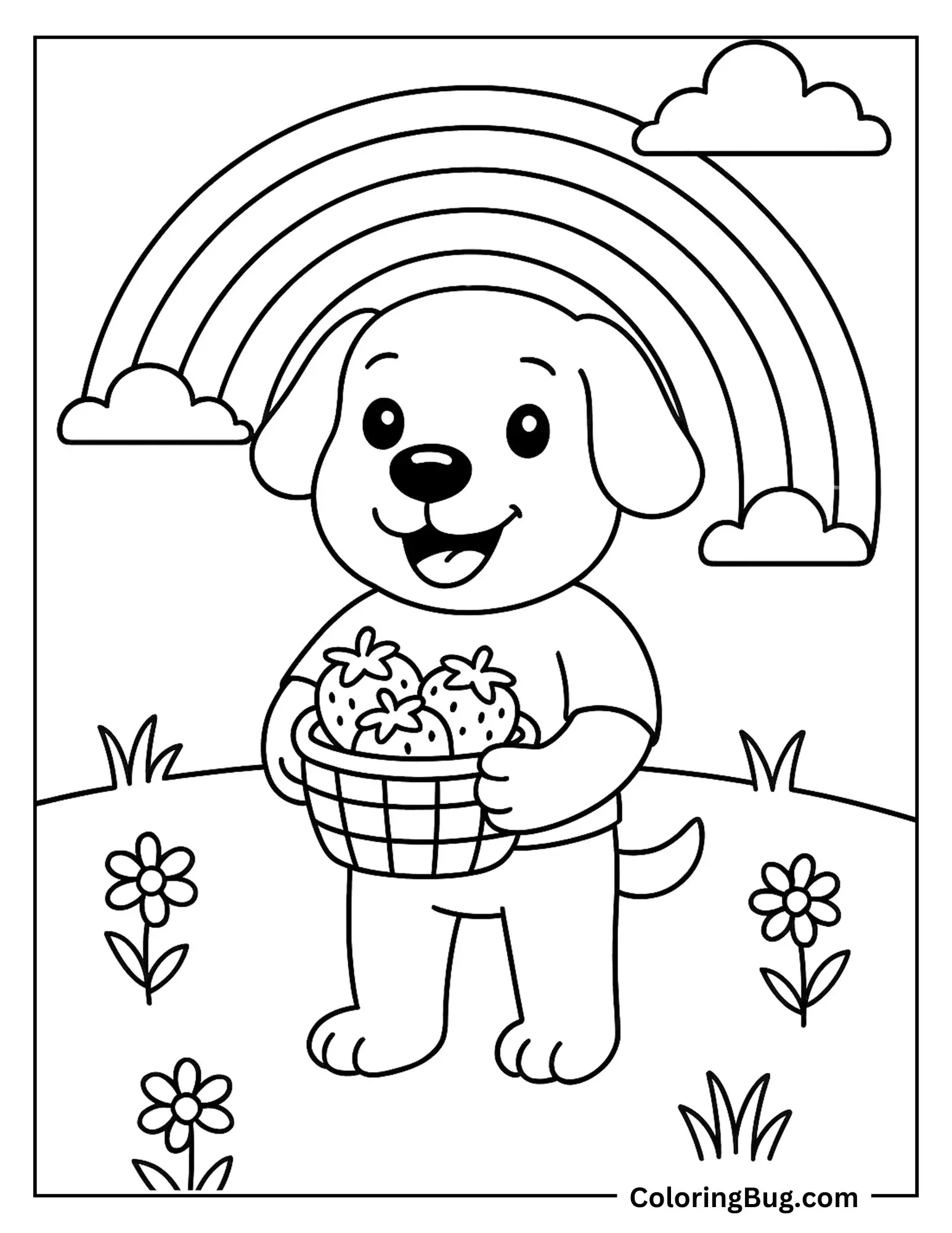 Dog Holding Strawberries Basket Coloring Sheet