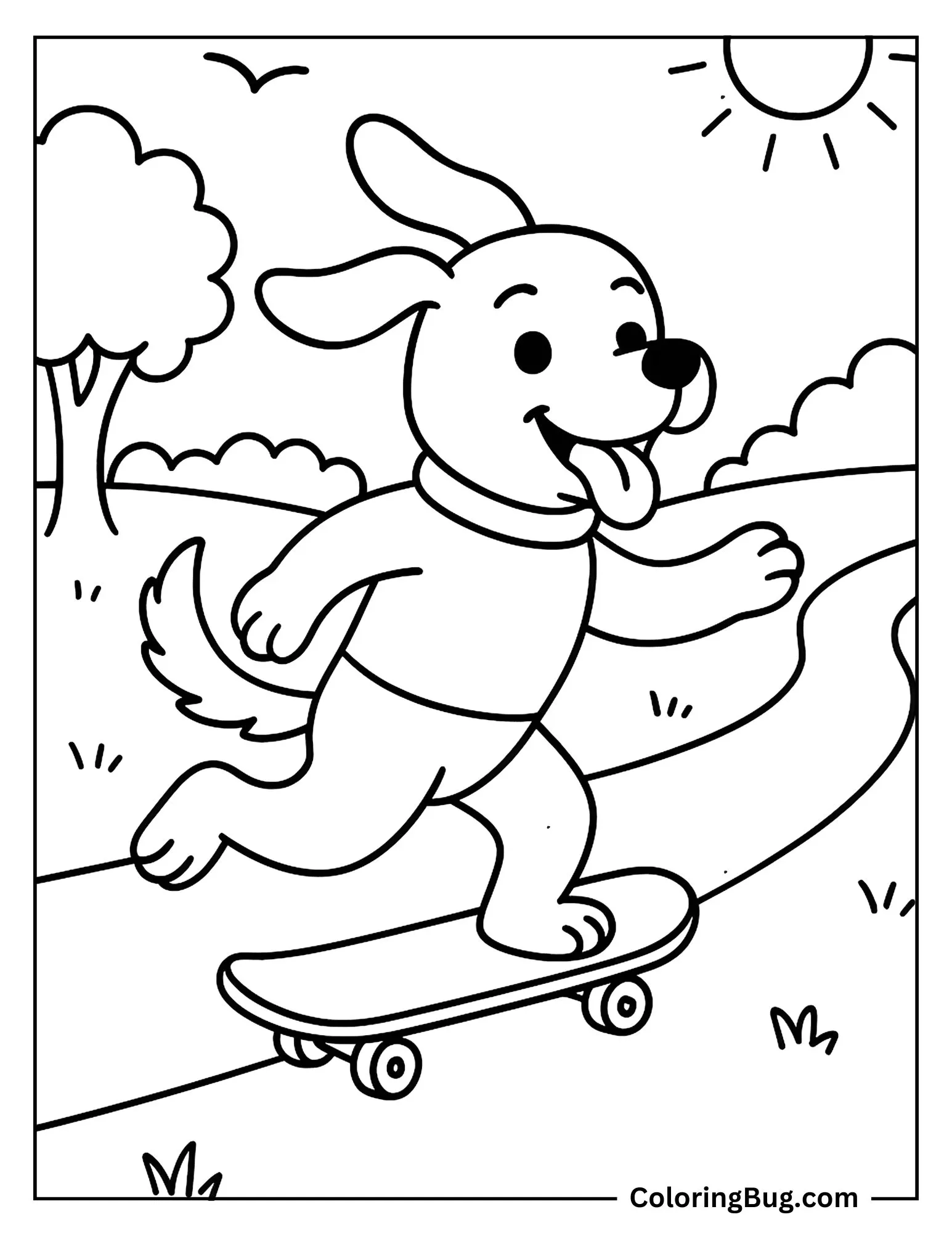 Dog Ridding a Skateboard During Sunny Day  Coloring Sheet