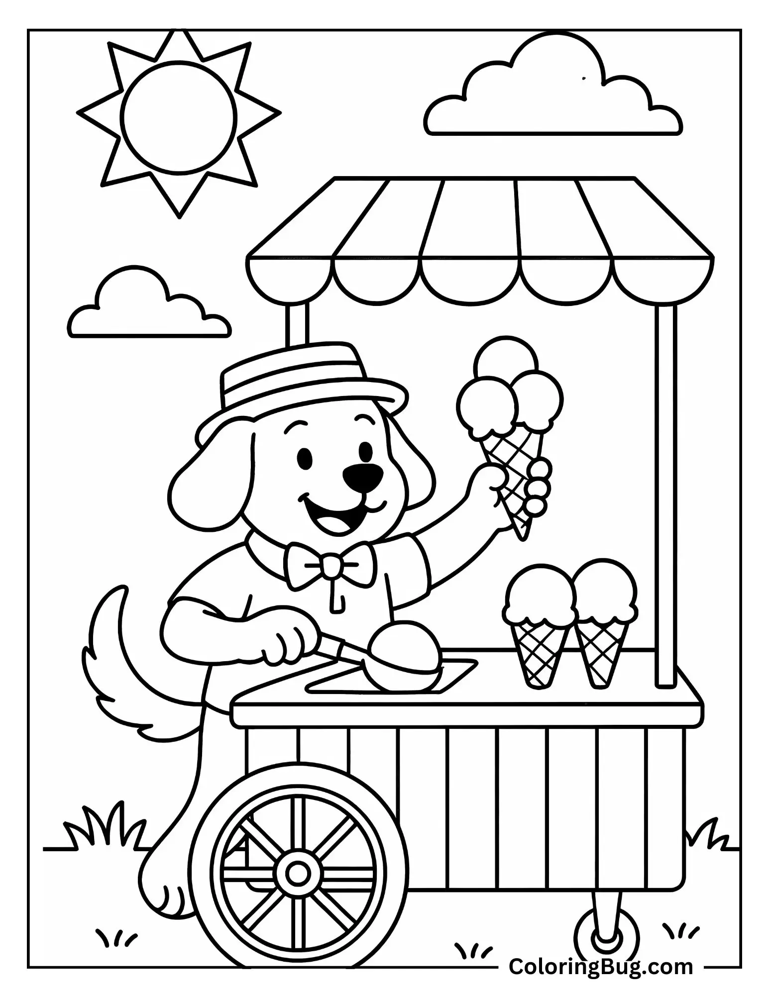 Dog Selling Ice Cream from a Cart Coloring Sheet