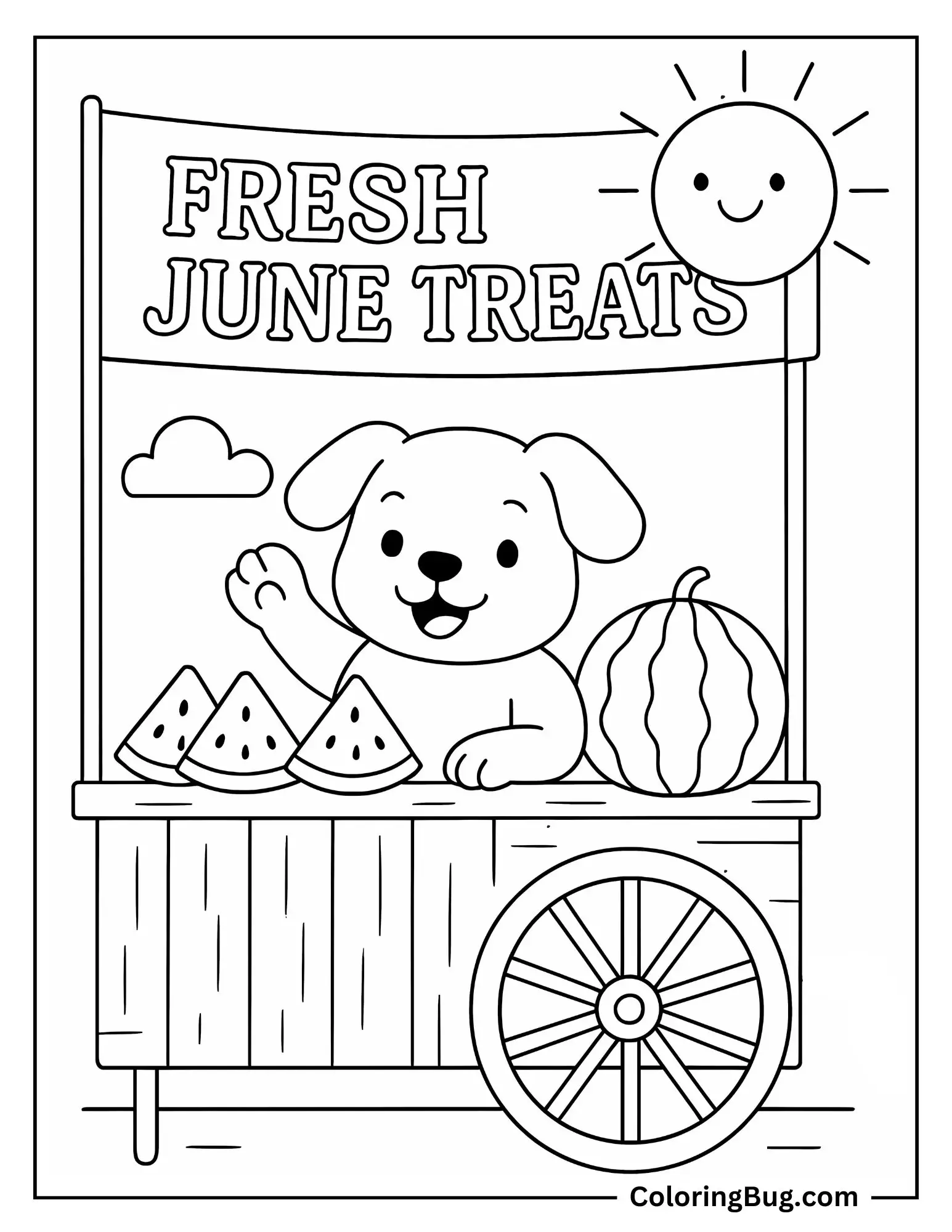 Dog Selling Watermelon Slices From a Cart Coloring Sheet