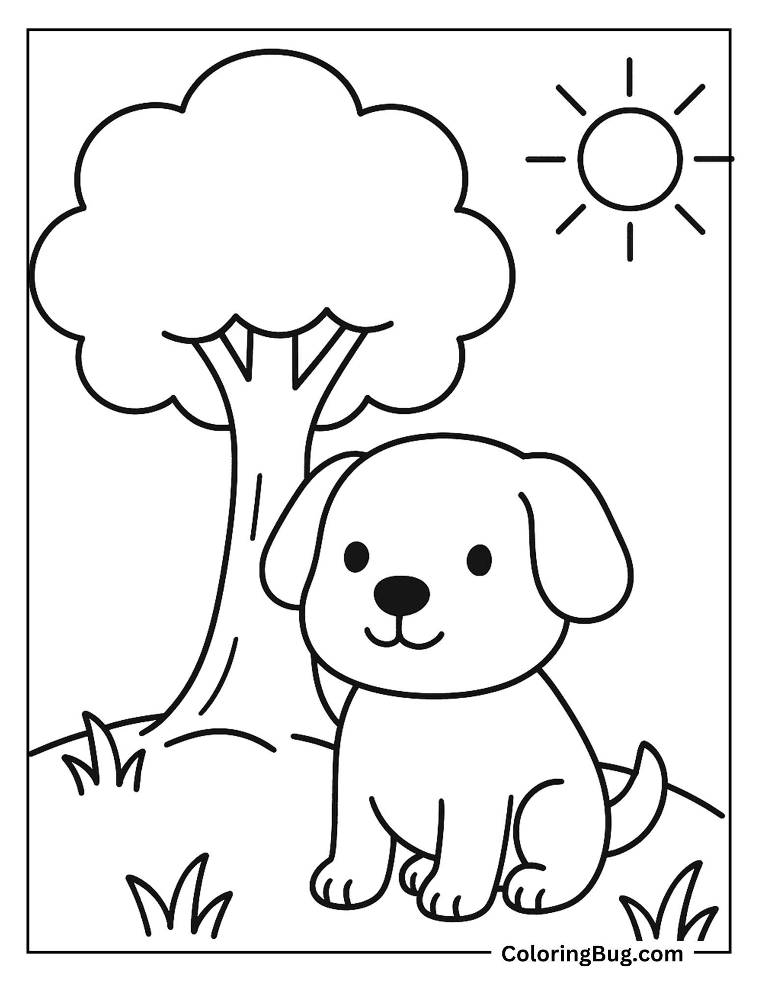 Dog Sitting Under Shade of Tree Coloring Sheet