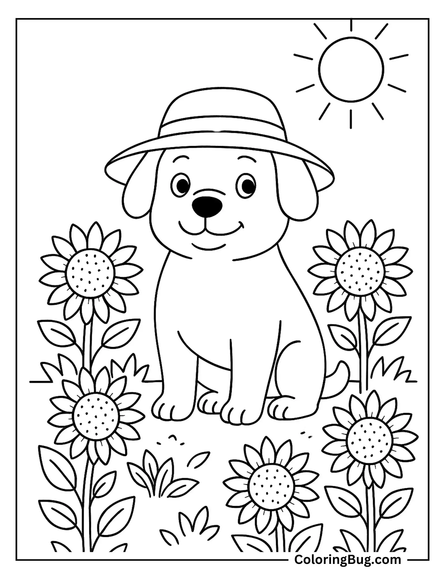 Dog Sitting in Sun Flower Garden During Summer Coloring Sheet