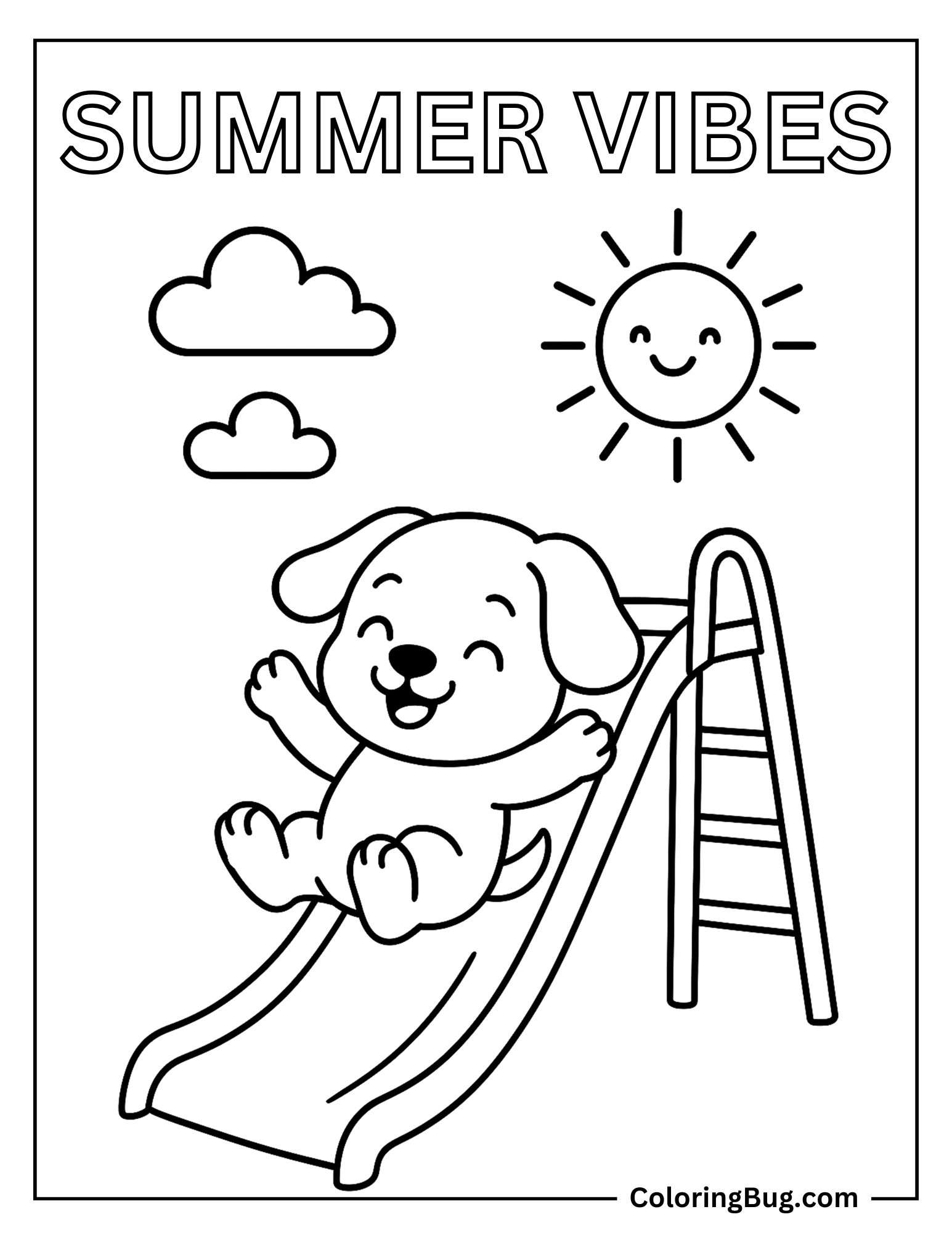 Dog Sliding Down a Slide Under Bright Sun of Summer Coloring Sheet