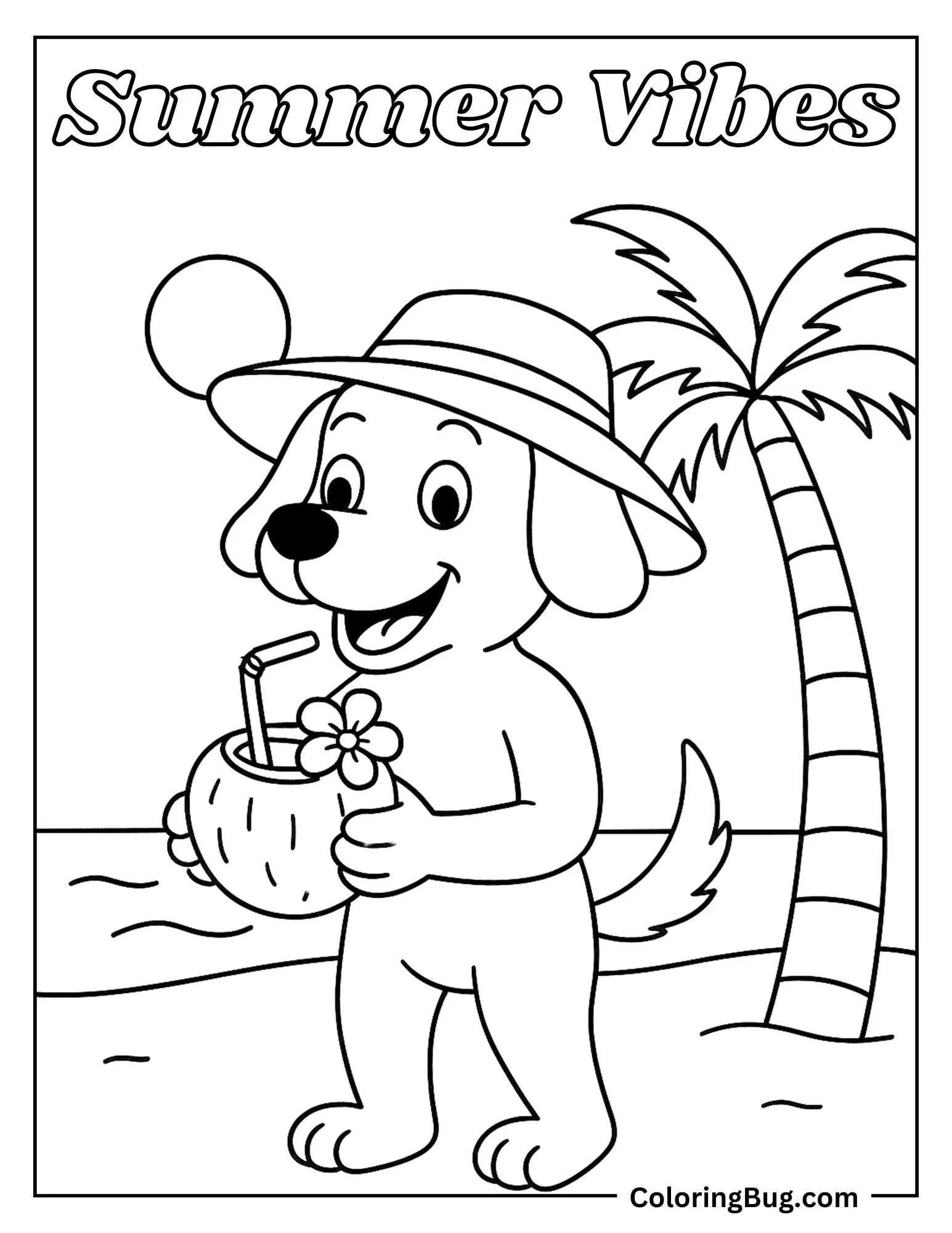 Dog With Coconut Drink On Beach Coloring Sheet