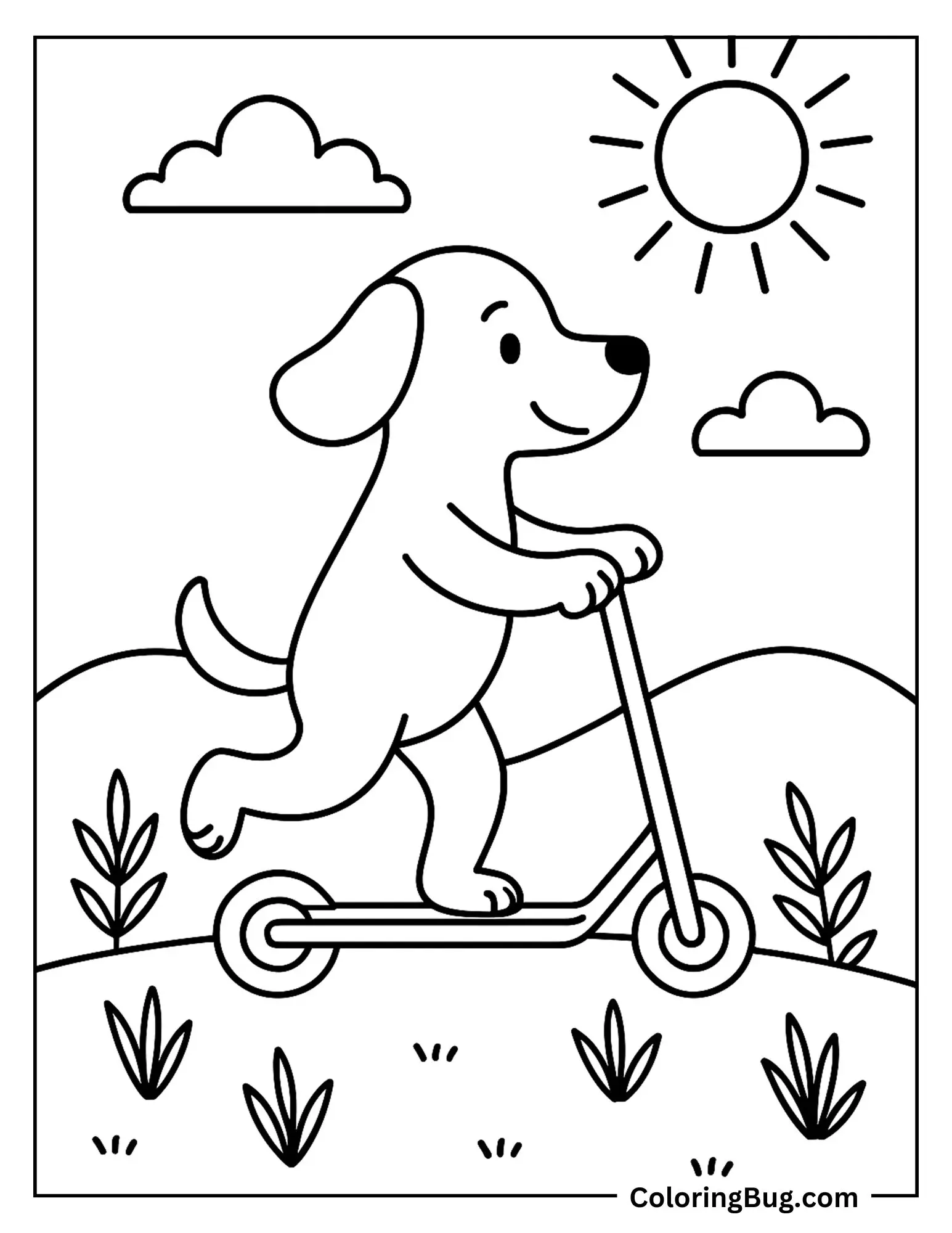 Dog on Scooter During Summer Coloring Sheet