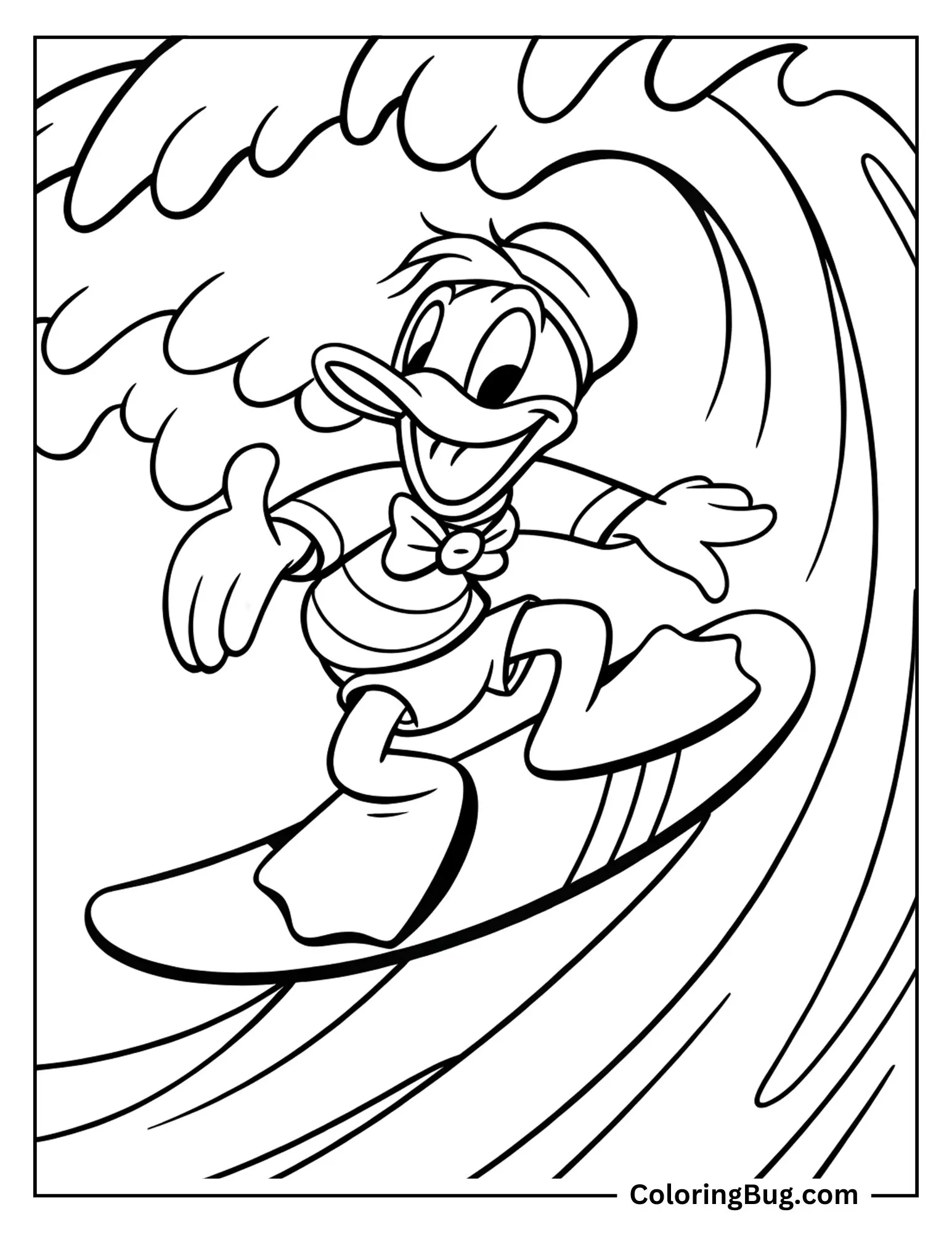 Donald Duck Surfing Big Waves Coloring Sheet