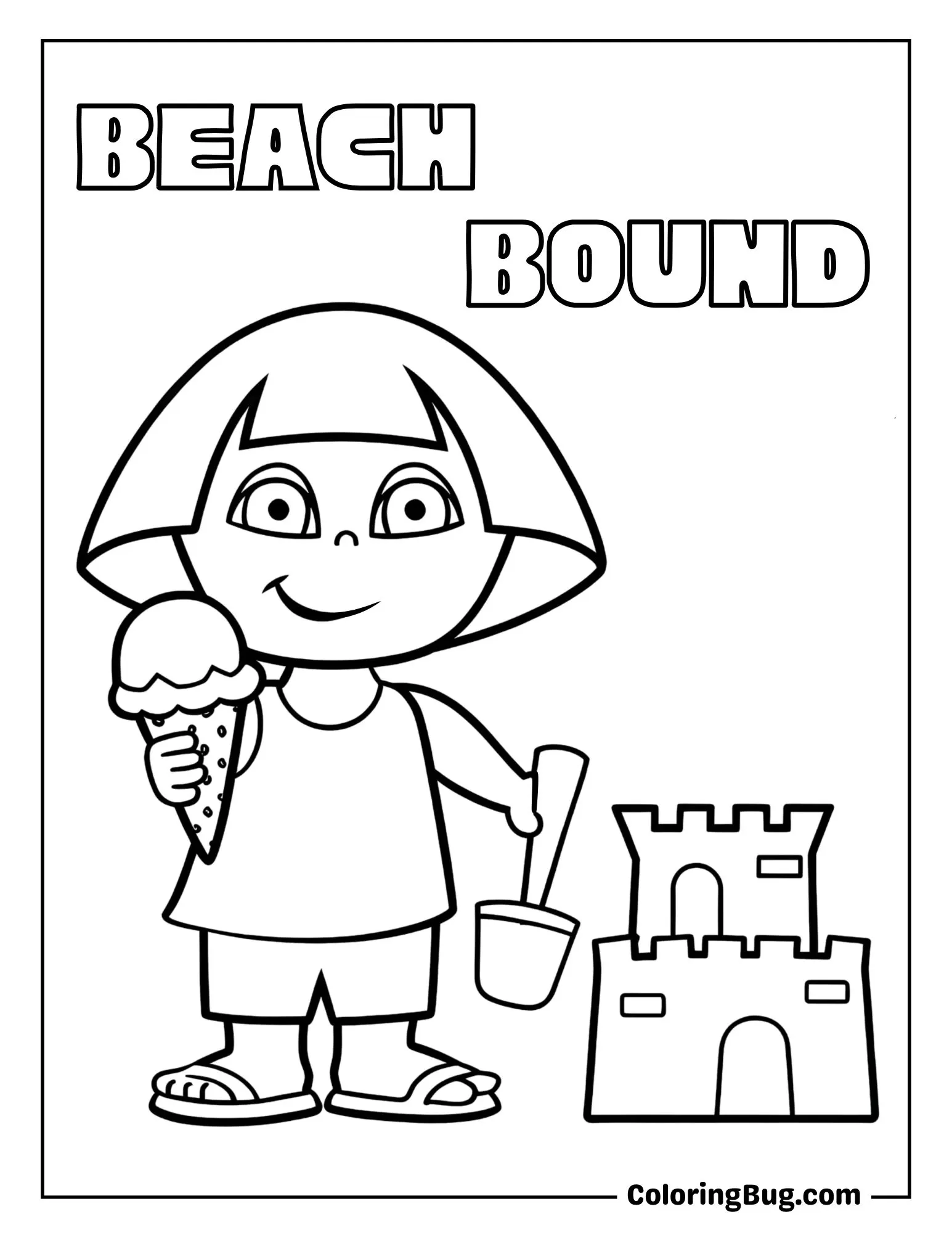 Dora Eating Ice Cream and Making Sand Castle Coloring Sheet