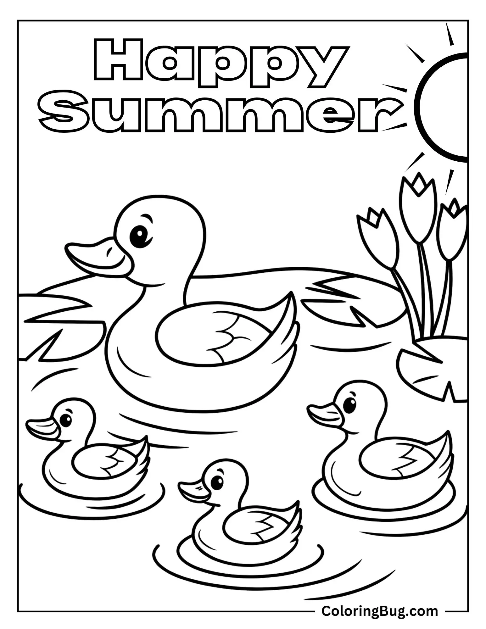 Duck Family Swimming in Pond During Sunny Day Coloring Sheet