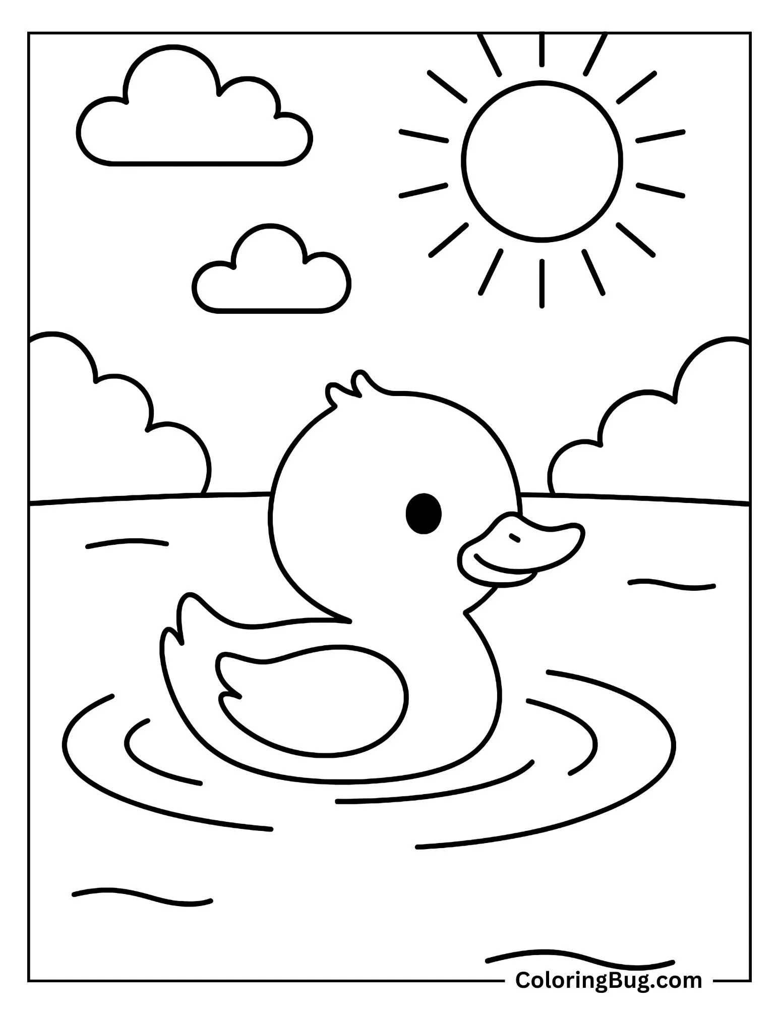 Duckling Swimming in Pond Under Sun Coloring Sheet