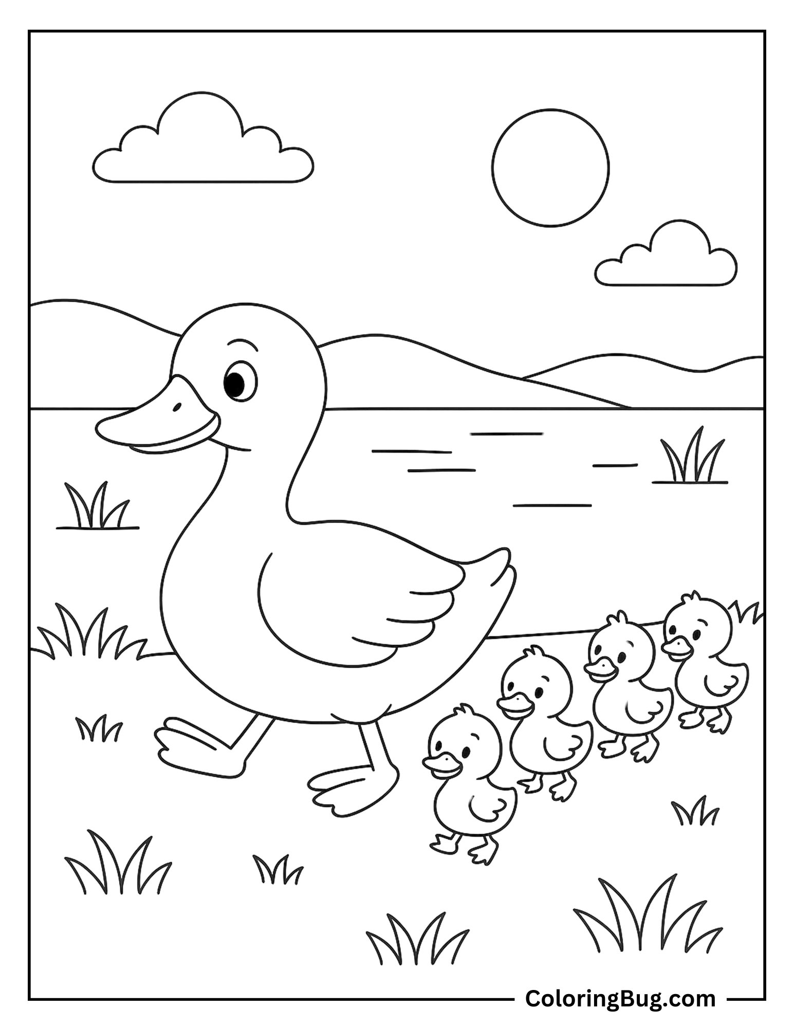 Ducklings Following Their Mom Coloring sheet