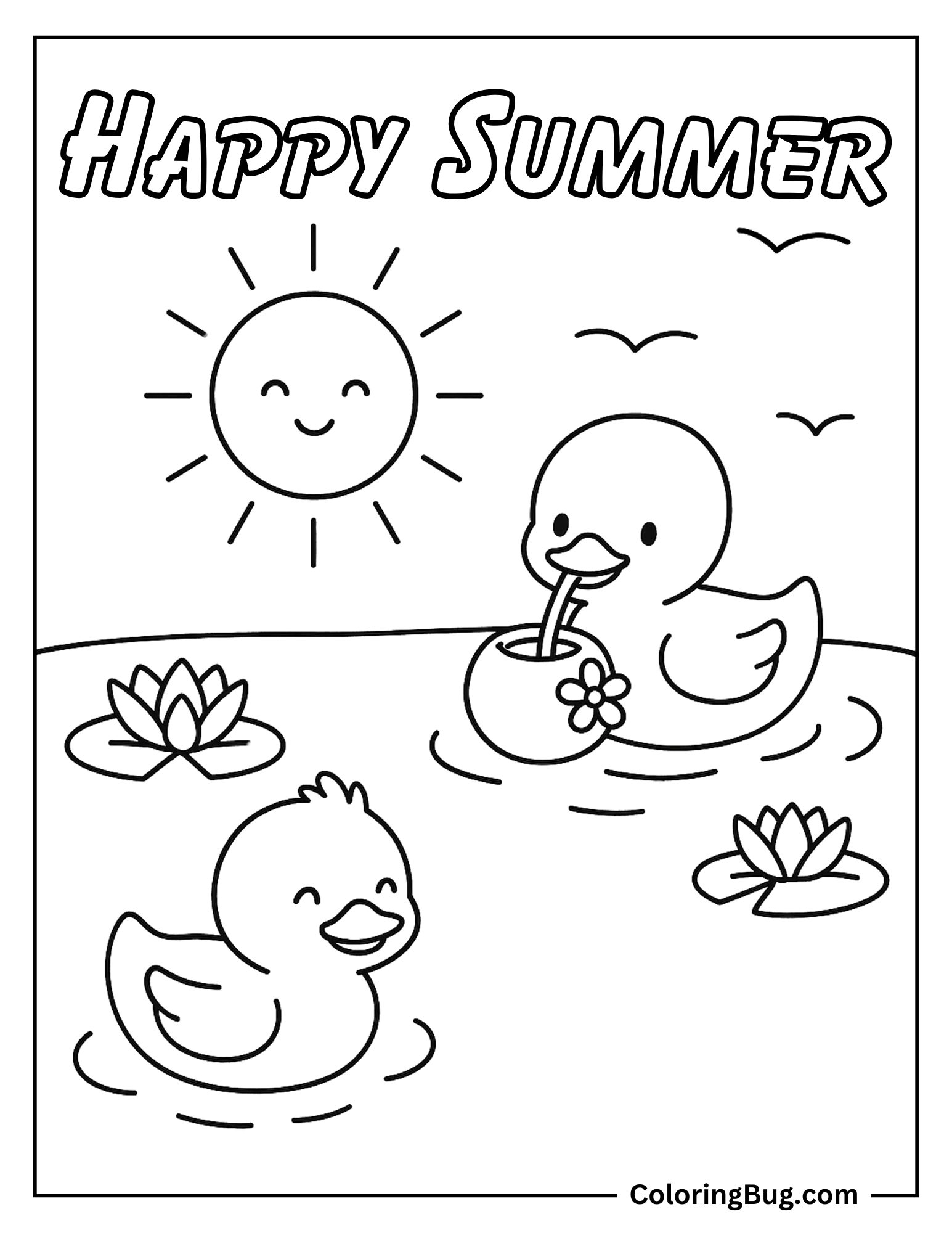 Ducks Swimming in Pond and Drinking Coconut Drink Coloring Sheet